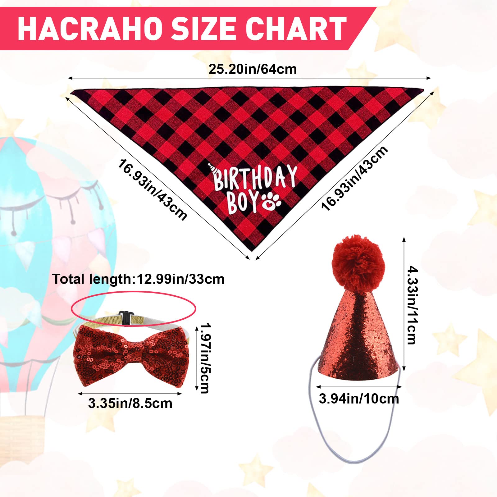 HACRAHO 2-Piece Dog Birthday Bandana and Hat Set - Cute Plaid Scarf & Party Hat for Puppy Birthday Outfits - Perfect for Dog Birthday Parties, Photo Shoots & Special Occasions (Red)