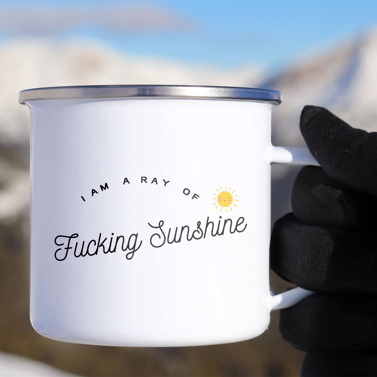 Funny Enamel Campfire Mug - I Am A Ray Of Fucking Sunshine - 12oz White Coffee Cup - Perfect Gift for Best Friend, Sister, Brother, Husband, Wife & Coworkers - Great for Camping, Office Use & Daily Coffee Drinking