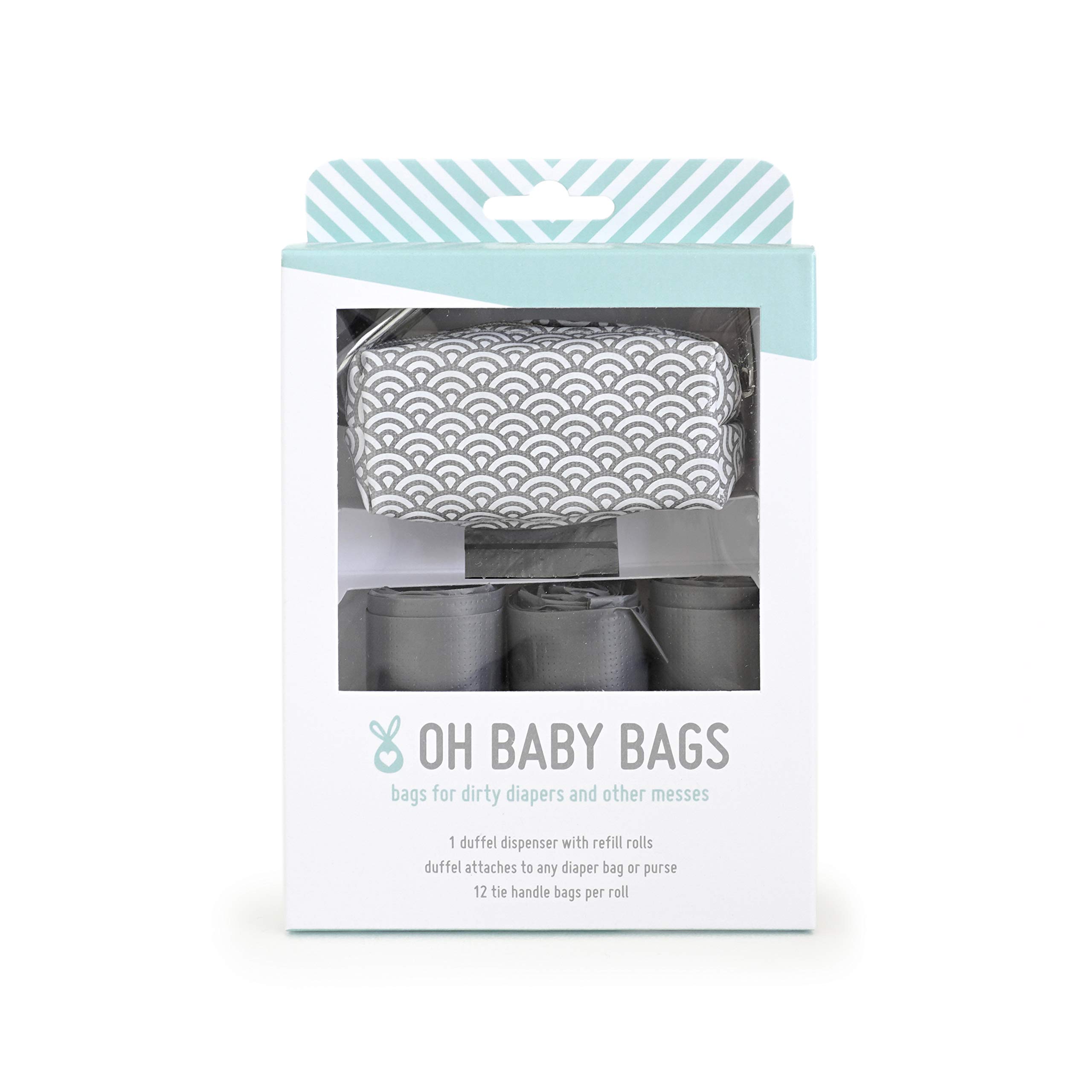 Oh Baby Bags Diaper Bag Clip-On Dispenser with Disposable Bags - Gray Scallop Design | Perfect for Diaper Changes, Travel & On-the-Go Parents | Gift Box Included