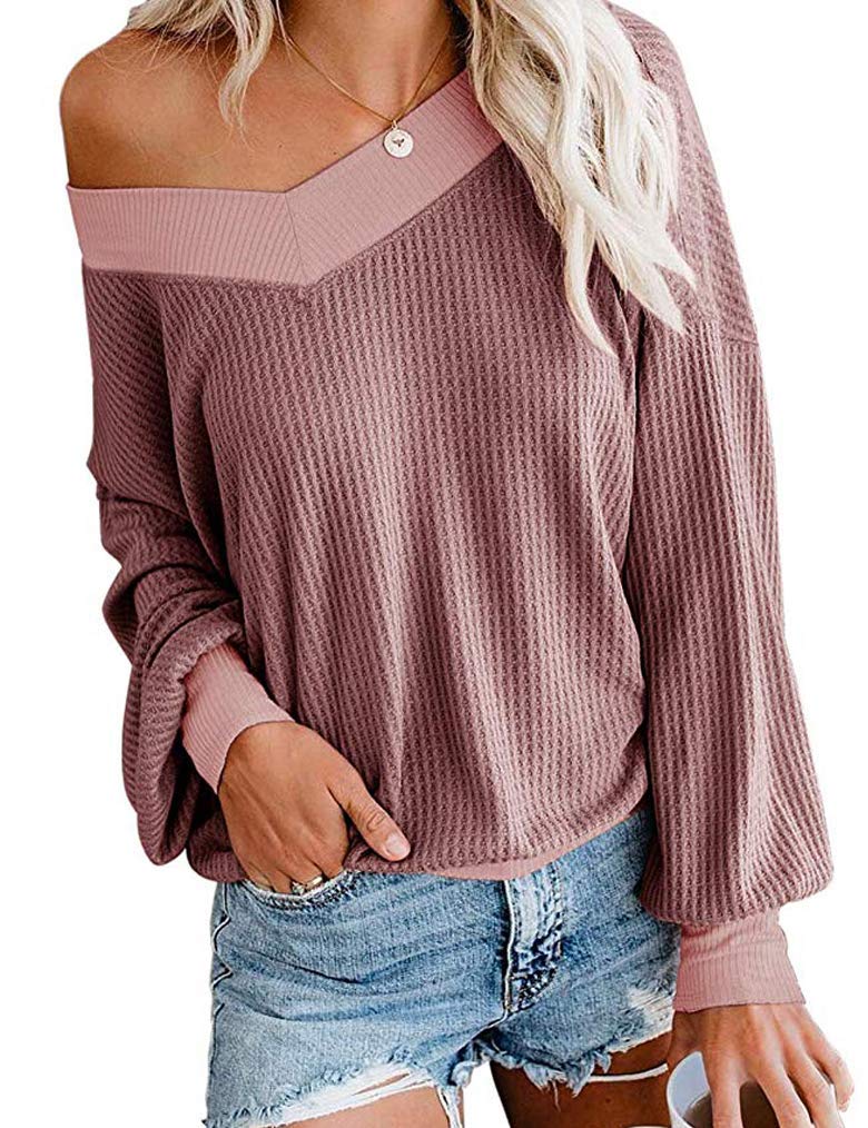 Tobrief Women's V Neck Long Sleeve Waffle Knit Top - Off Shoulder Oversized Pullover Sweater for Fall & Winter, Casual Outfits, Date Night, and Office Wear
