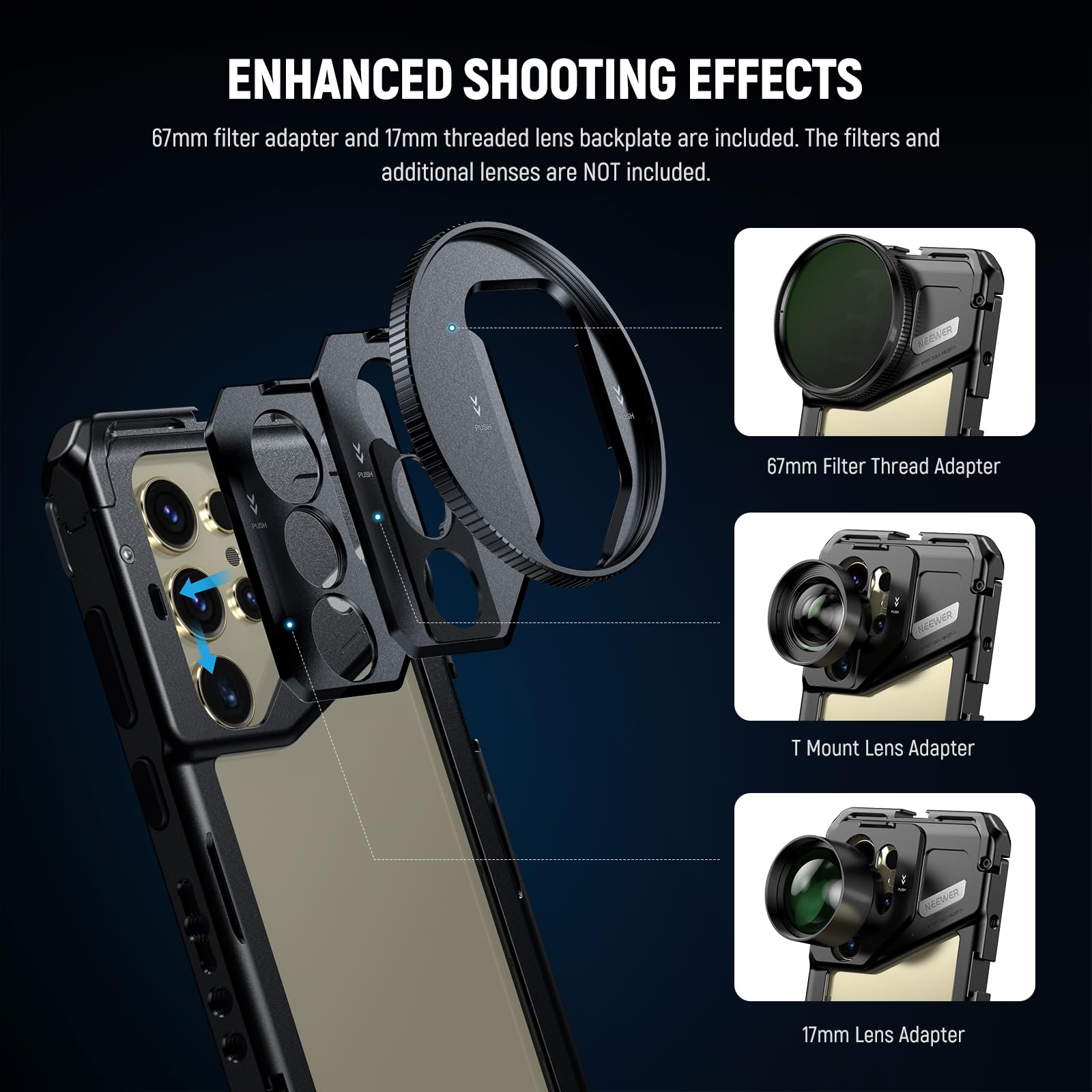 NEEWER S24 Ultra Phone Cage with 67mm Filter Adapter - 17mm Lens Backplate & T Mount Adapter - Smartphone Video Rig Stabilizer for Samsung Galaxy - Compatible with Moment T Series Lenses (PA042) - Perfect for Vlogging, Filmmaking & Mobile Photography