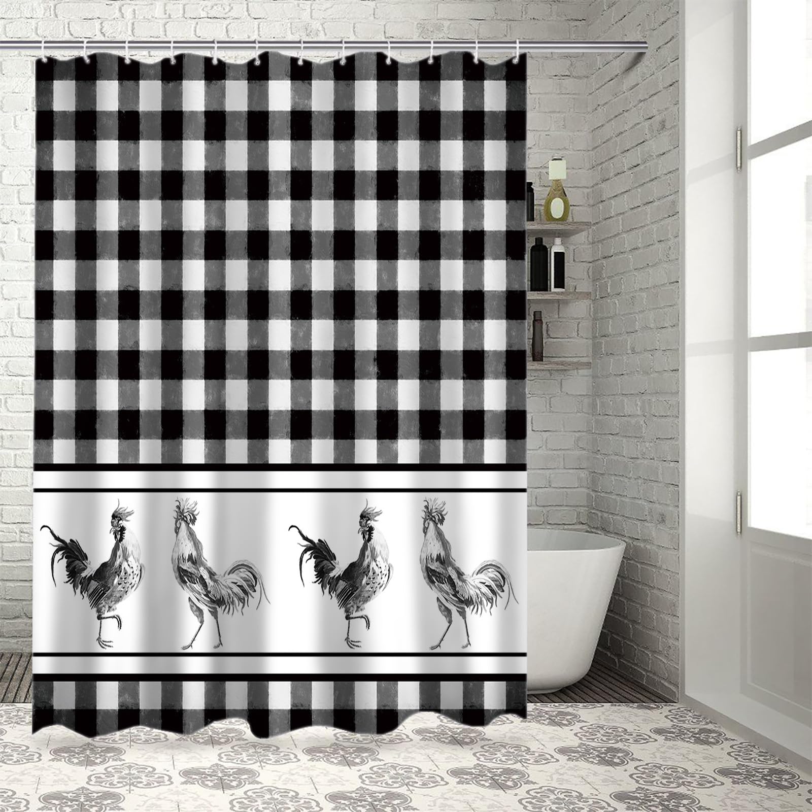 Waterproof Farmhouse Rooster Black & White Buffalo Plaid Shower Curtain Set with Hooks - 72x72 Inch for Bathroom, Bathtub & Shower - Perfect for Rustic Home Decor & Country Style Bathroom Design