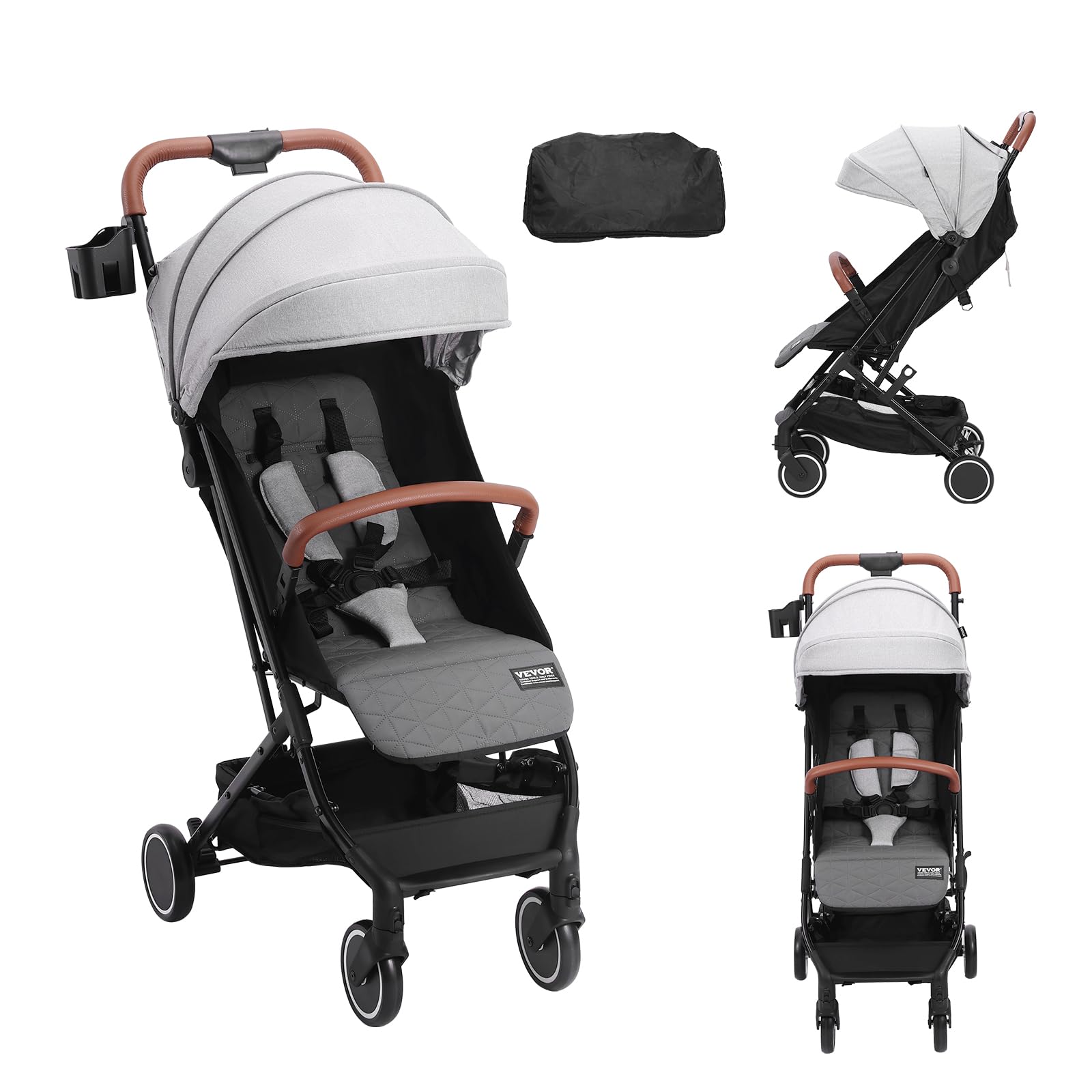 VEVOR Lightweight Baby Stroller with Adjustable Backrest (95°-150°) & Footrest (0°-90°), One-Click Fold, Cup Holder & Carry Bag - Perfect for Newborns & Toddlers - Ideal for Shopping, Travel & Daily Walks (Light Grey)