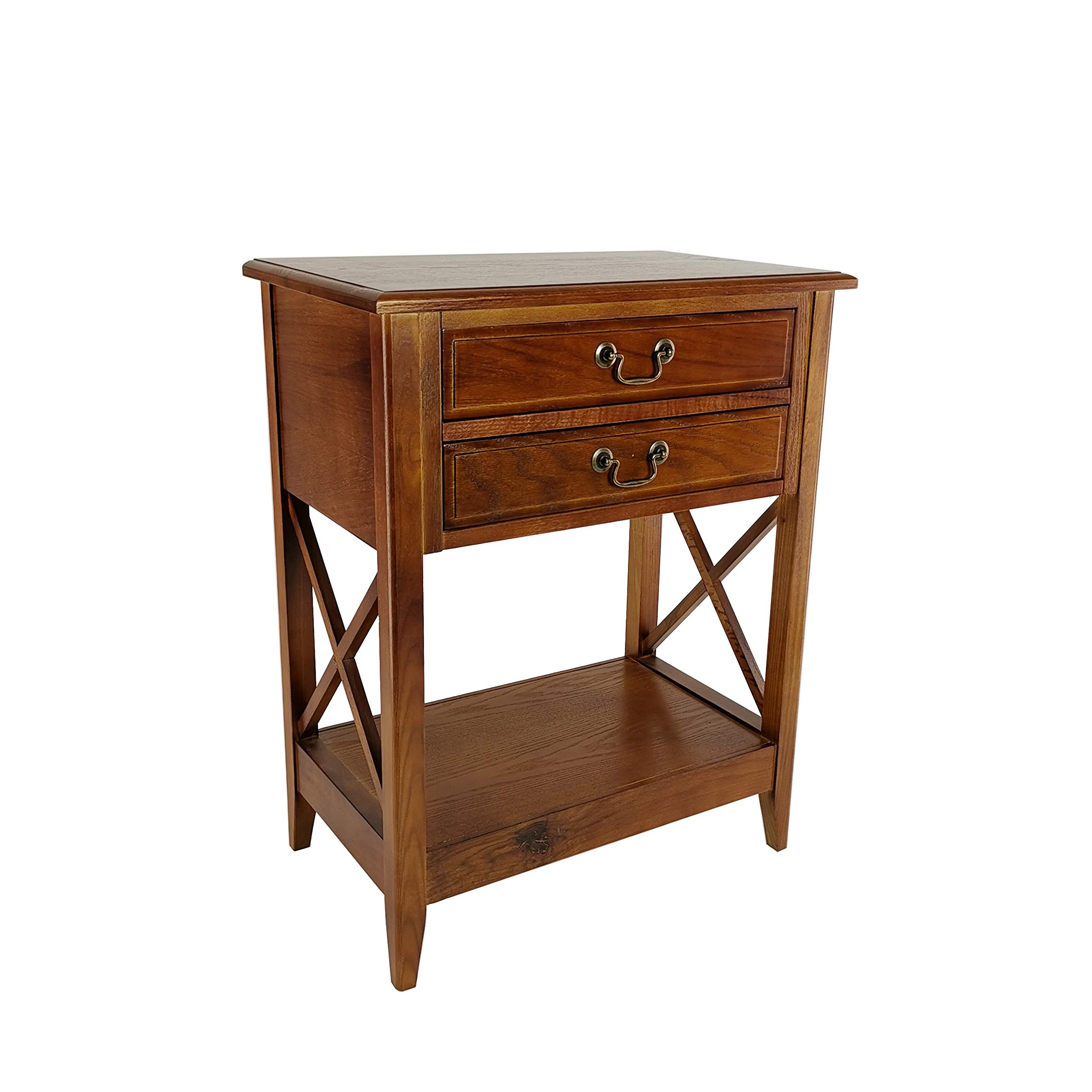 Benjara Brown Wooden Nightstand with 2 Drawers and Criss Cross Sides - Bedside Table for Bedroom, Living Room, or Guest Room - Perfect for Storing Books, Lamps, and Bedroom Essentials