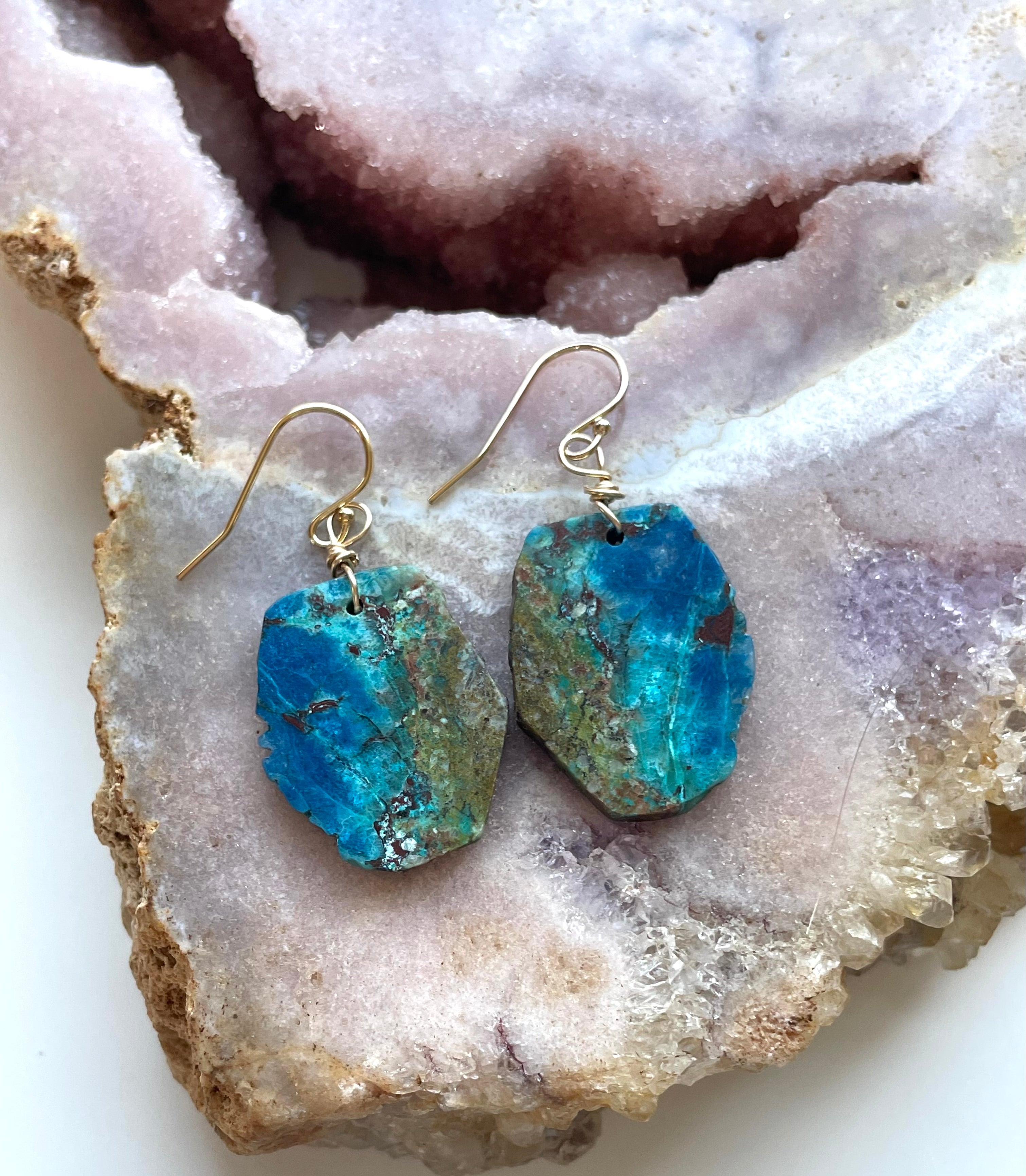 Chrysocolla Gold Filled Statement Crystal Gemstone Earrings for Women - Elegant Dangle Drop Earrings for Party, Wedding & Special Occasions