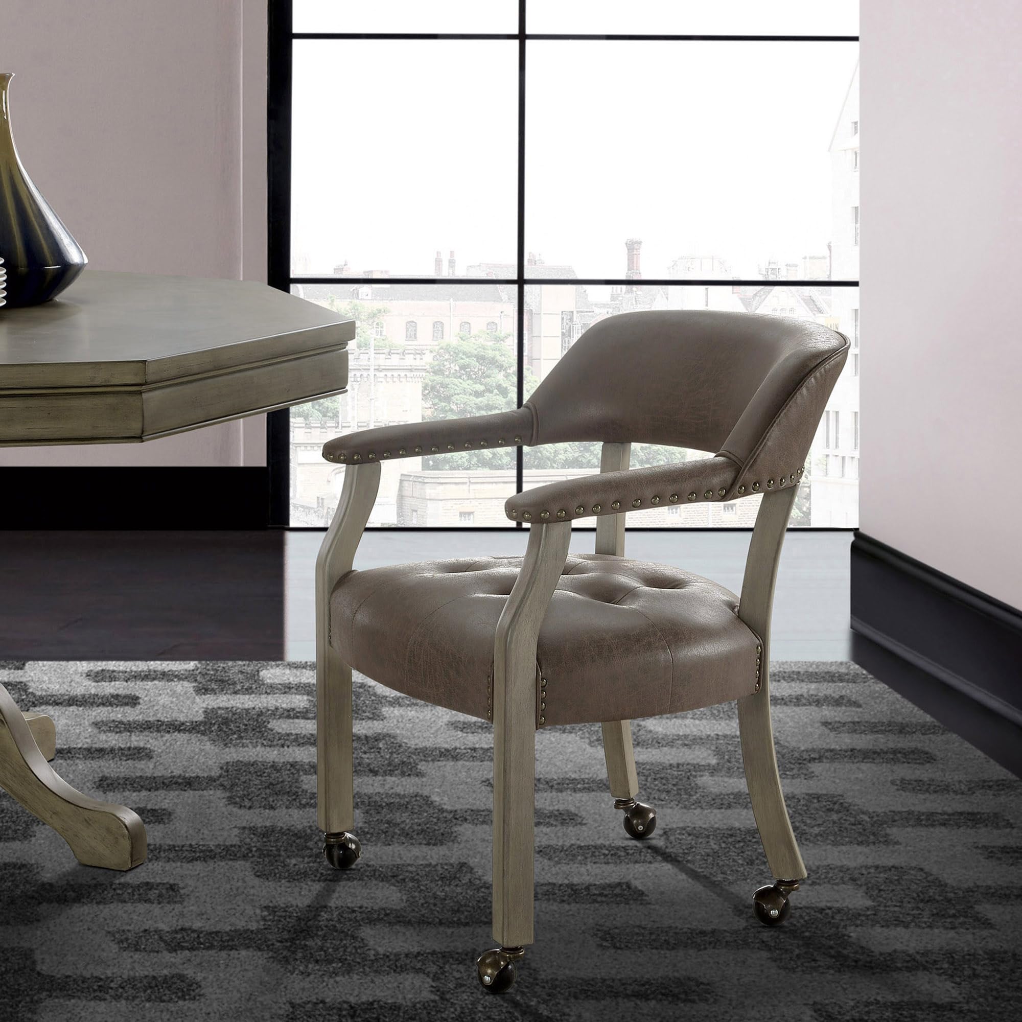 LEEMTORIG Large Rolling Dining Chairs with Casters - Solid Wood Office Chairs with Arms, 26