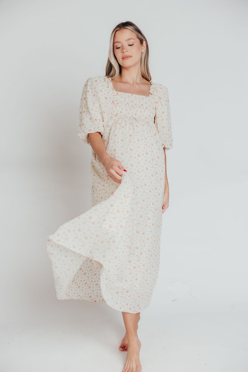 Melody Maxi Dress with Pleats & Bow Detail - Ivory Floral Print Maternity Dress | Bump Friendly & Inclusive Sizing (S-3XL) | Perfect for Weddings, Baby Showers & Summer Events