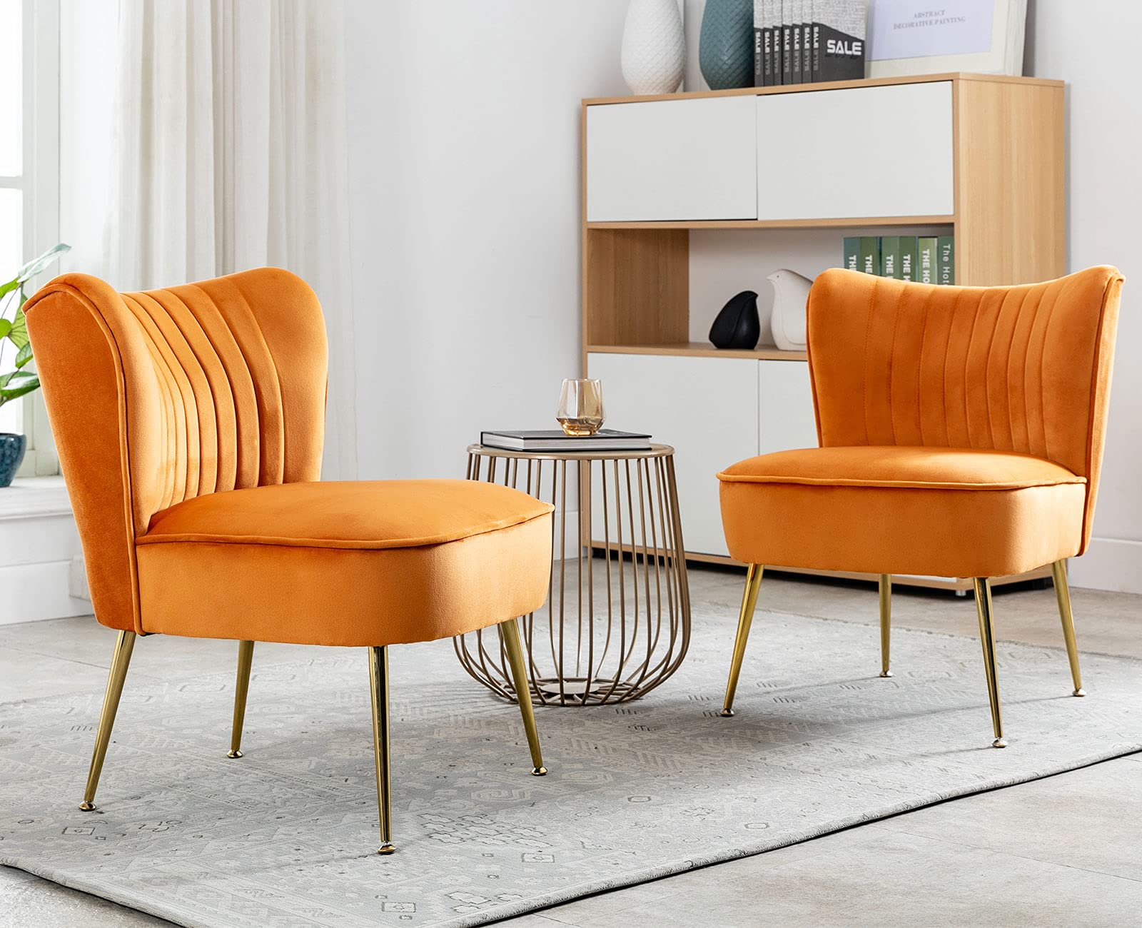 Velvet Accent Chairs Set of 2 - Mid-Century Modern Upholstered Side Chairs with Golden Legs, Comfy Armless Wingback Slipper Chairs for Living Room, Guest Room & Bedroom - Stylish Orange Home Decor for Cozy Seating & Lounge Areas