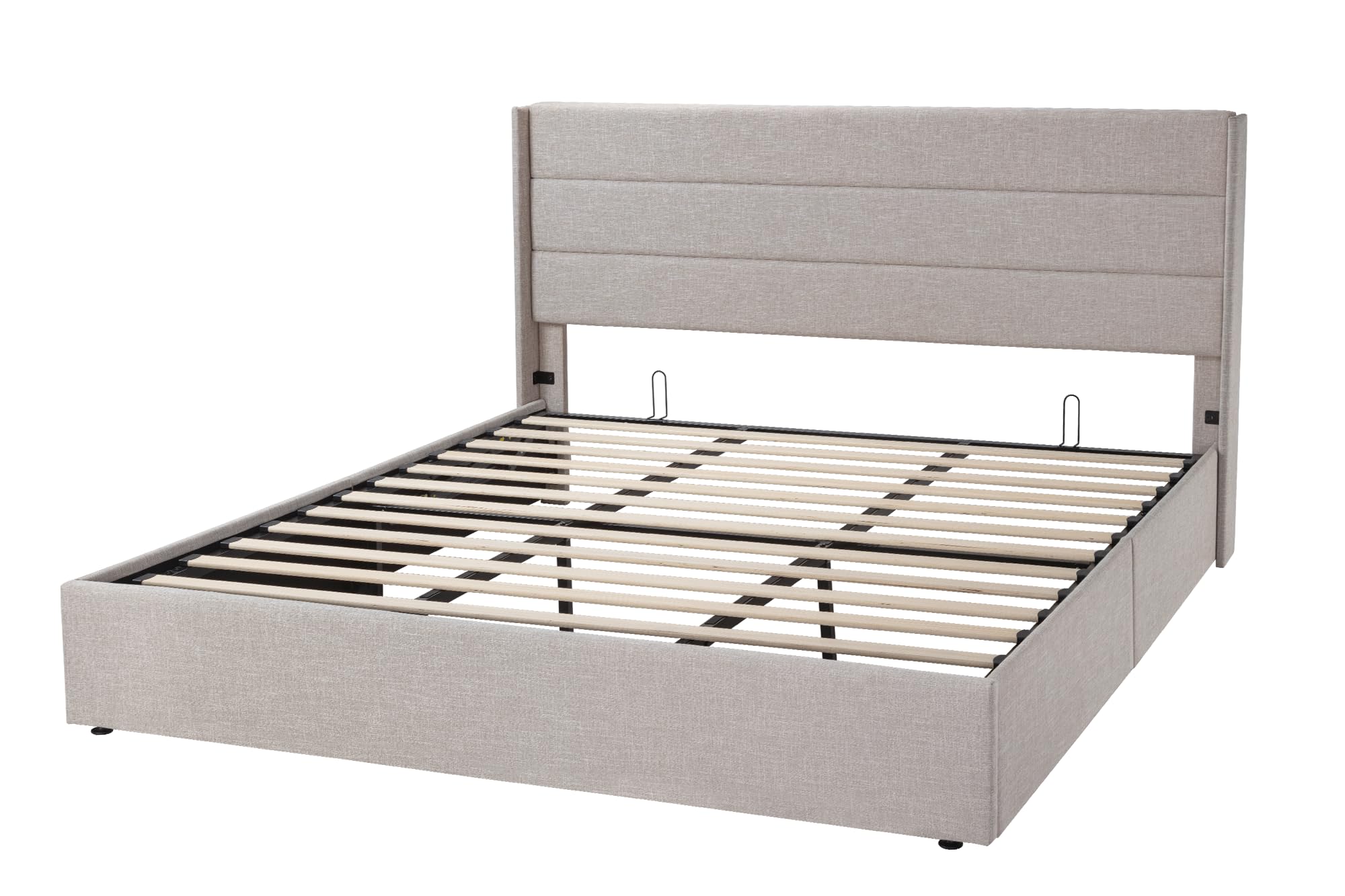 Allewie King Size Lift Up Storage Bed with Modern Wingback Headboard - Hydraulic Support, No Box Spring Needed, Light Beige - Perfect for Small Spaces & Bedroom Organization