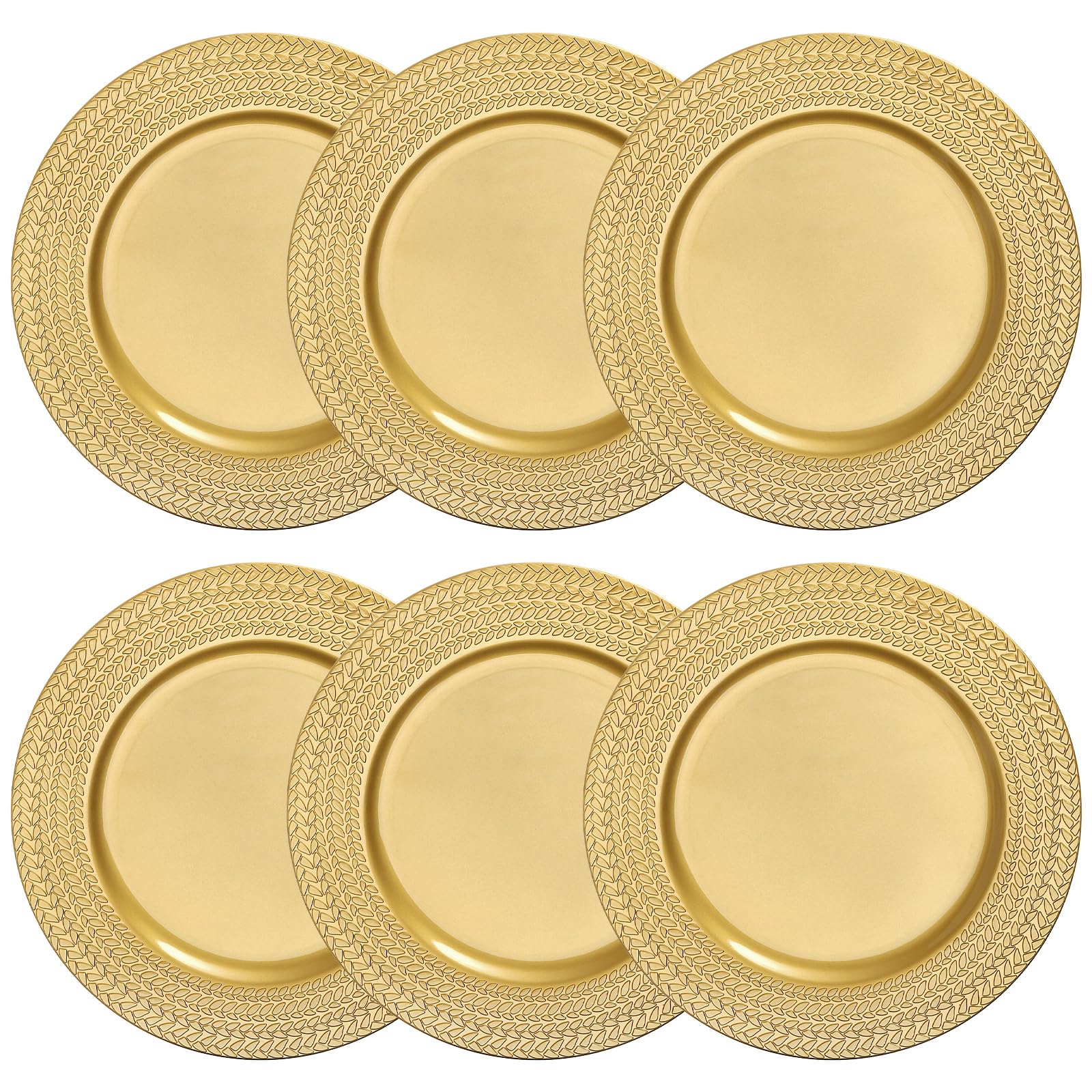 SOUJOY 12 Pack 13 Inch Gold Plastic Charger Plates - Elegant Leaf Trim Antique Dinner Plates for Wedding, Party, Anniversary, Thanksgiving & Christmas Decor - Perfect for Formal Dining, Buffet Settings & Holiday Tablescapes