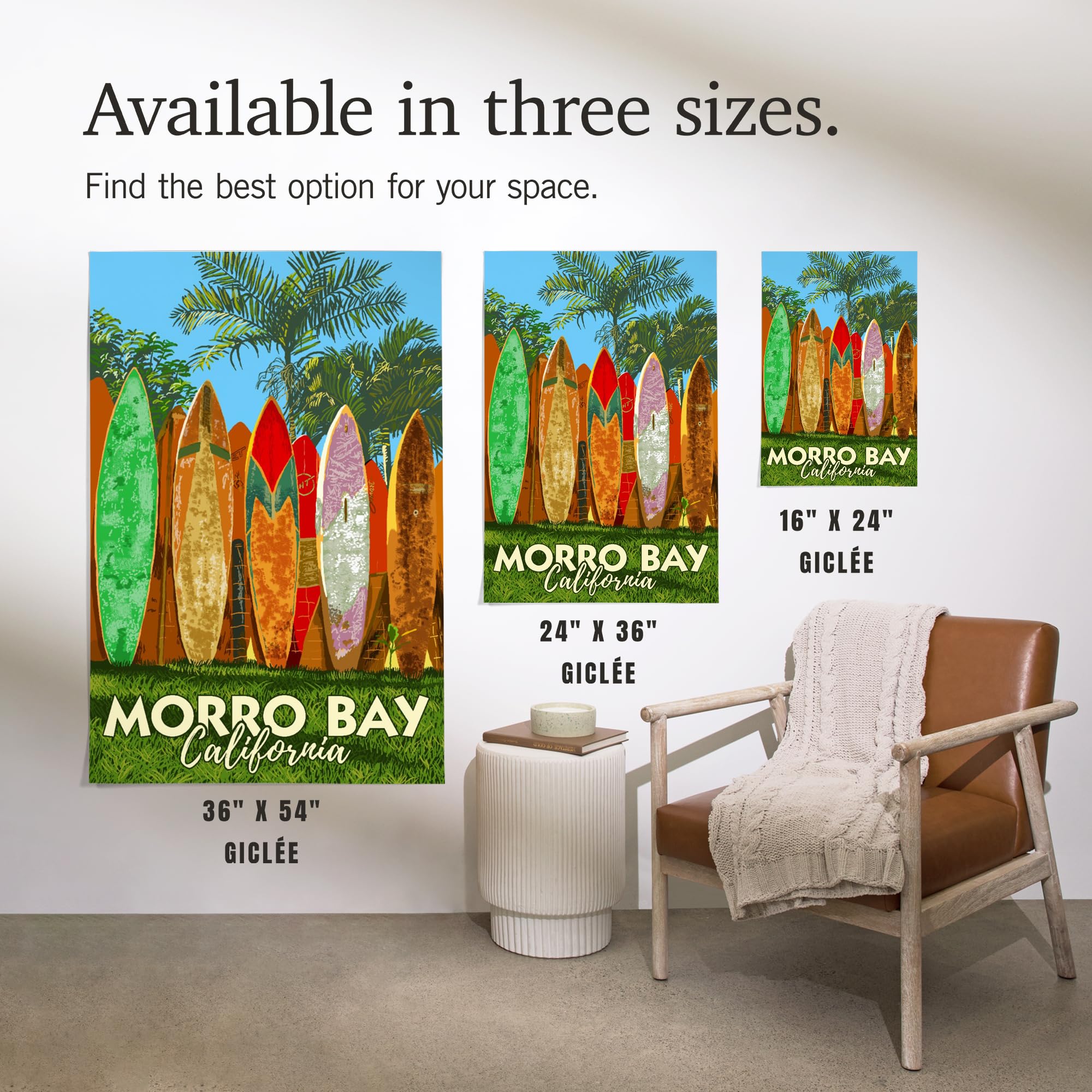 Lantern Press 16x24 Inch Giclee Art Print - Morro Bay California Coastal Wall Decor with Surfboard Fence - Perfect for Beach House, Living Room & Office Wall Art