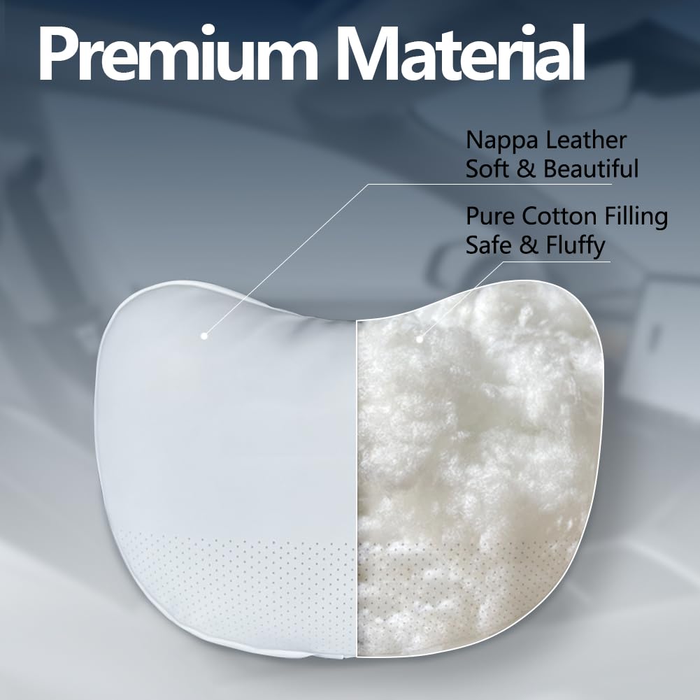 Premium Tesla Neck Pillow for Model Y/3/X/S - 2 Pack Adjustable Nappa Leather Headrest Support - Ergonomic Design for Car Travel & Office Use (White)