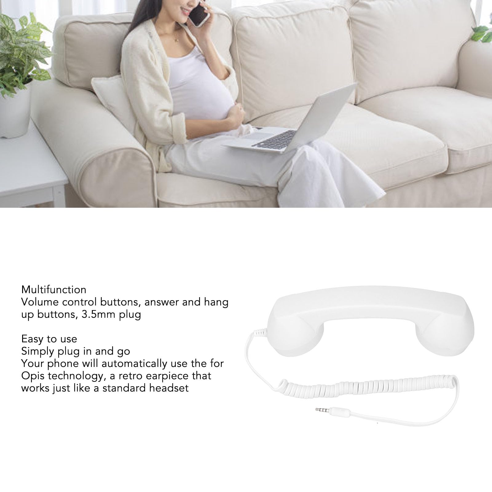 Vintage 3.5mm Retro Phone Handset - Crystal Clear Sound for iPhone & Smartphones - Perfect for Office, Home & Call Centers (White)