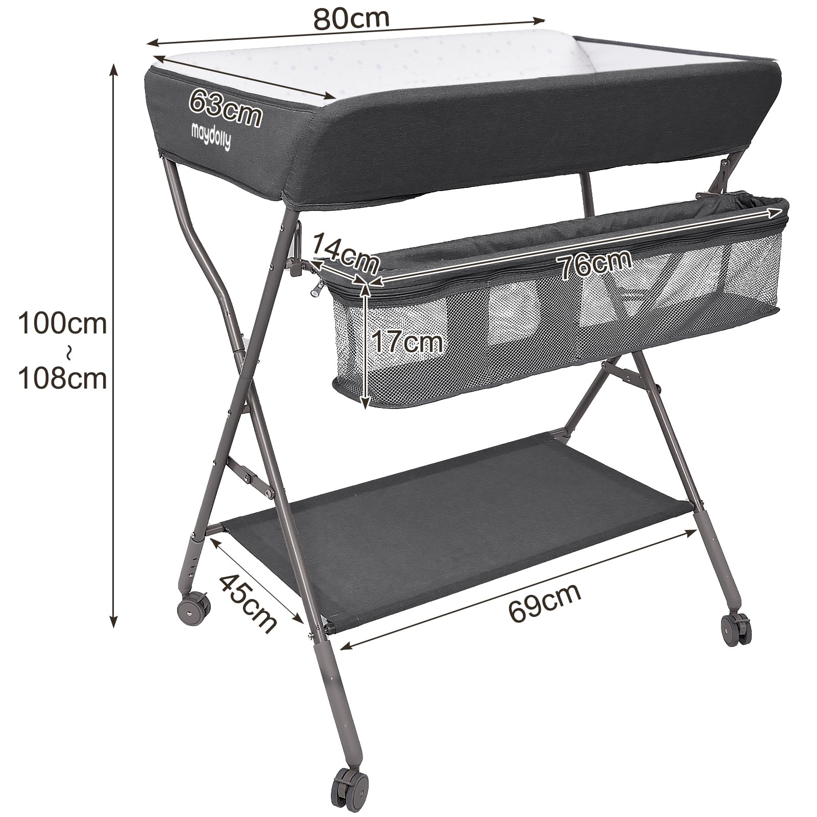 Maydolly Foldable Baby Changing Table with Wheels, Waterproof & Height Adjustable, Mobile Diaper Station with Storage Shelves (Dark Gray) - Perfect for Nursery, Bedroom, or On-the-Go Baby Care