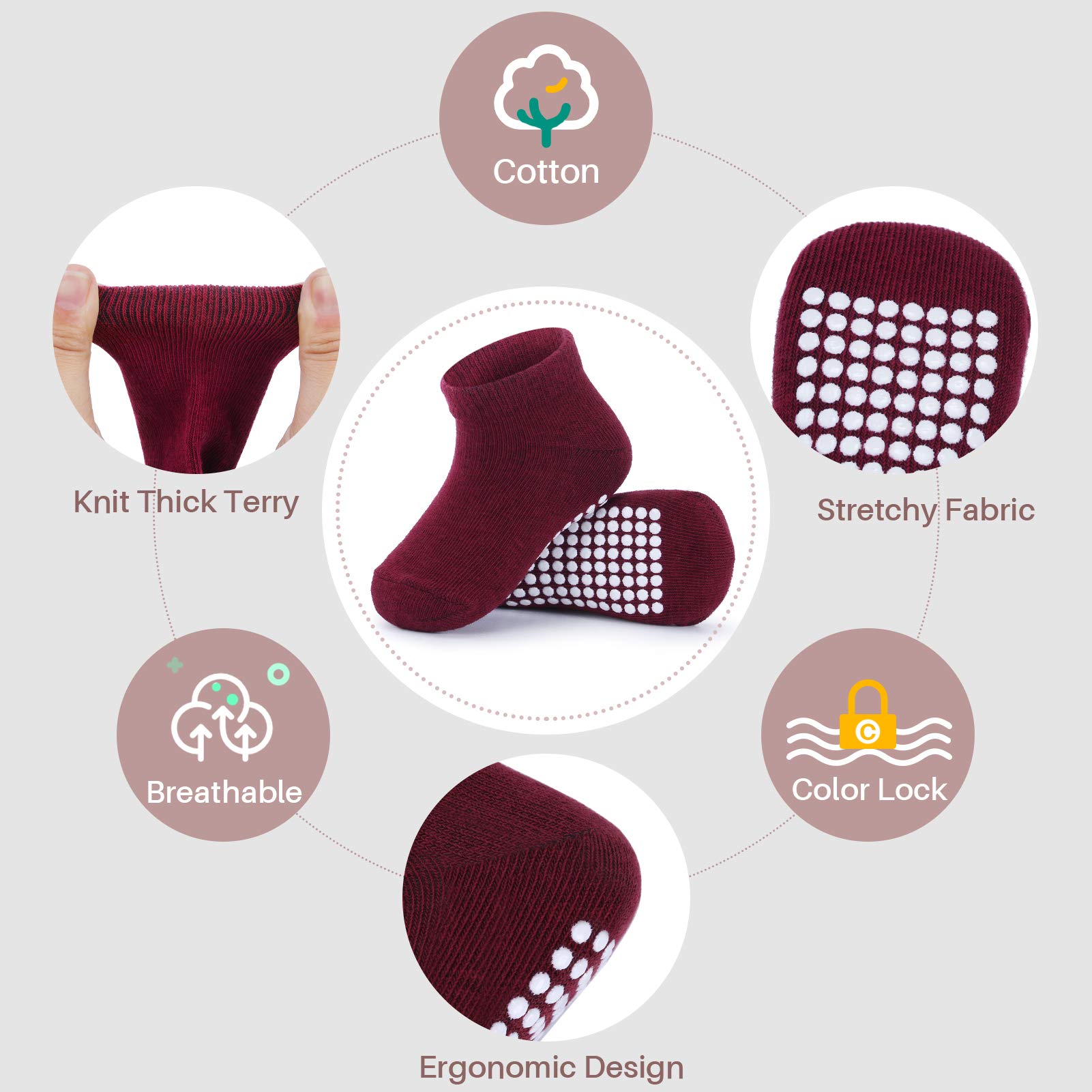 JAKIDAR 12-Pack Baby & Toddler Non-Slip Cotton Ankle Socks for Boys & Girls - Soft, Breathable & Skid-Proof Infant Socks with Grips for Playtime, Daycare & Home Use