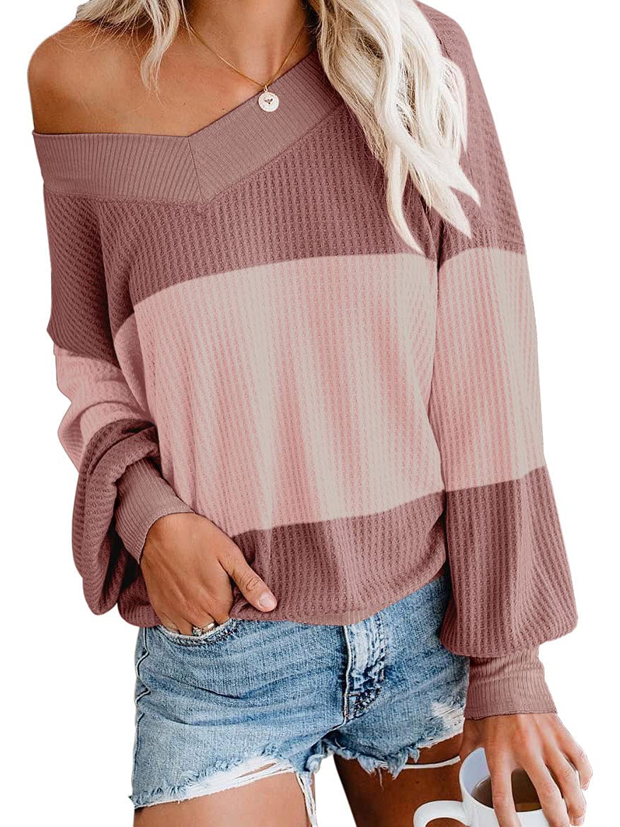 Adreamly Women's V Neck Long Sleeve Waffle Knit Pullover Sweater - Oversized Off Shoulder Casual Top for Fall Winter, Perfect for Date Night, Office Wear & Cozy Layering