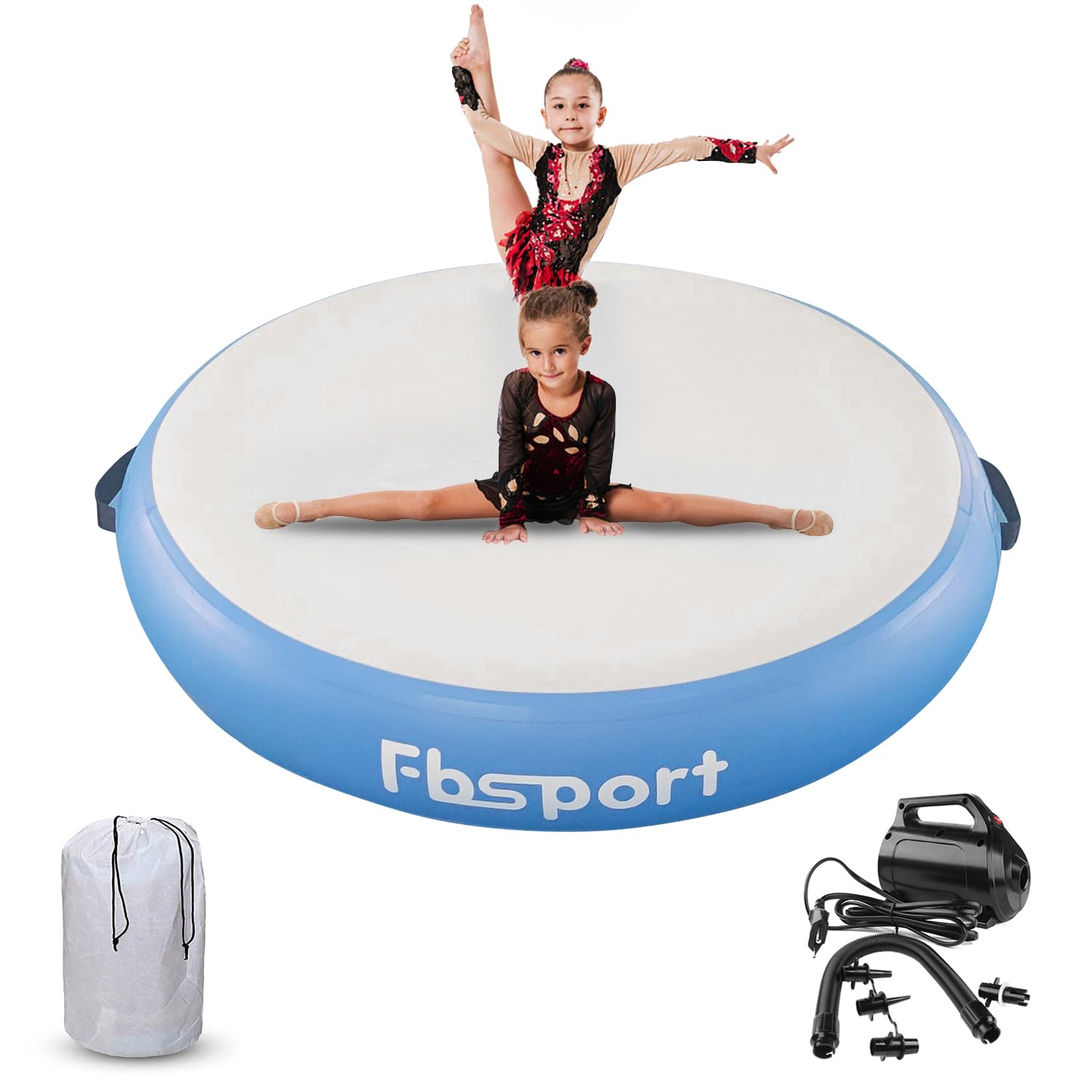 FBSPORT Inflatable Air Gymnastics Mat - Round Training Mat for Home Gym, Cheerleading, Yoga & Water Exercises - Includes Air Pump - Perfect for Indoor/Outdoor Fitness & Kids Play