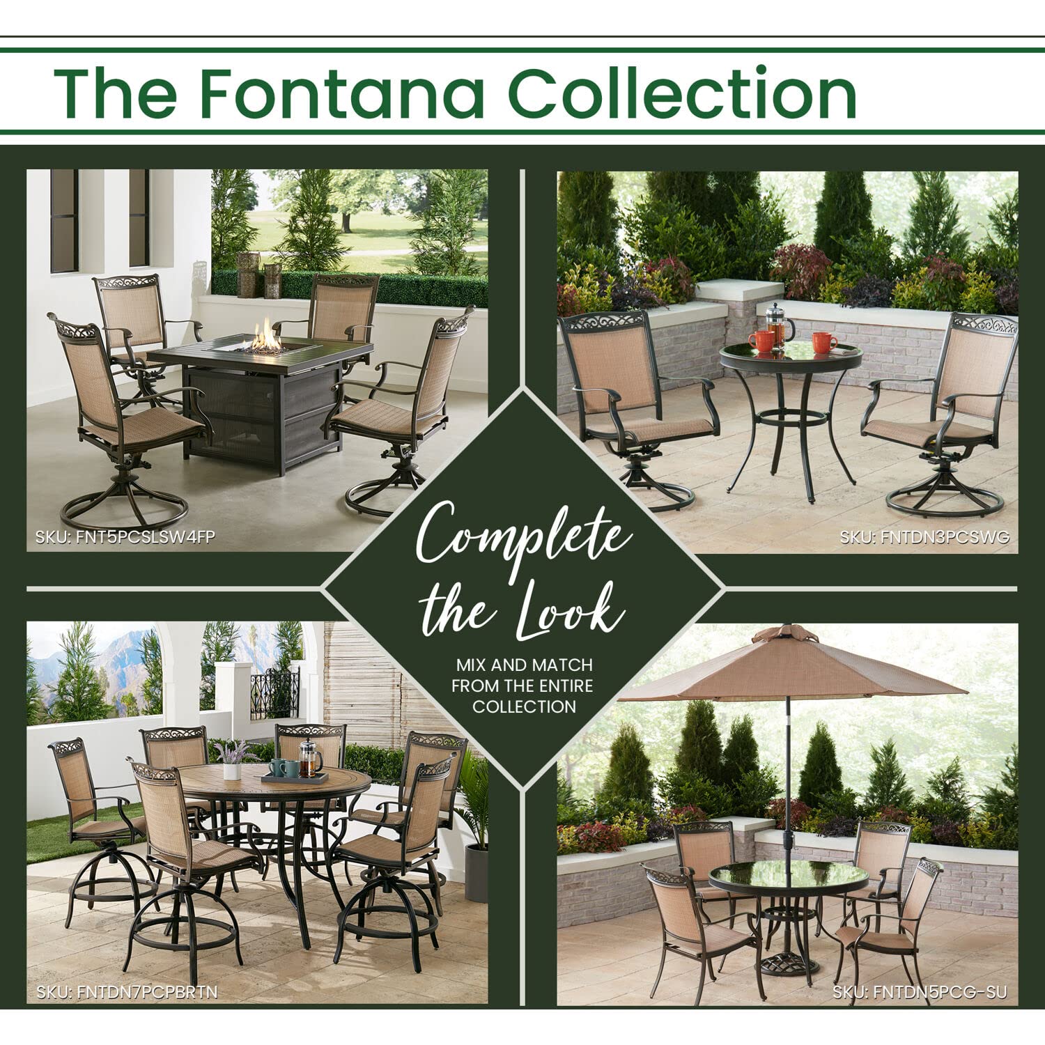 Hanover Fontana 5-Piece Outdoor Dining Set with Tan PVC Sling Swivel Rocker Chairs & 47