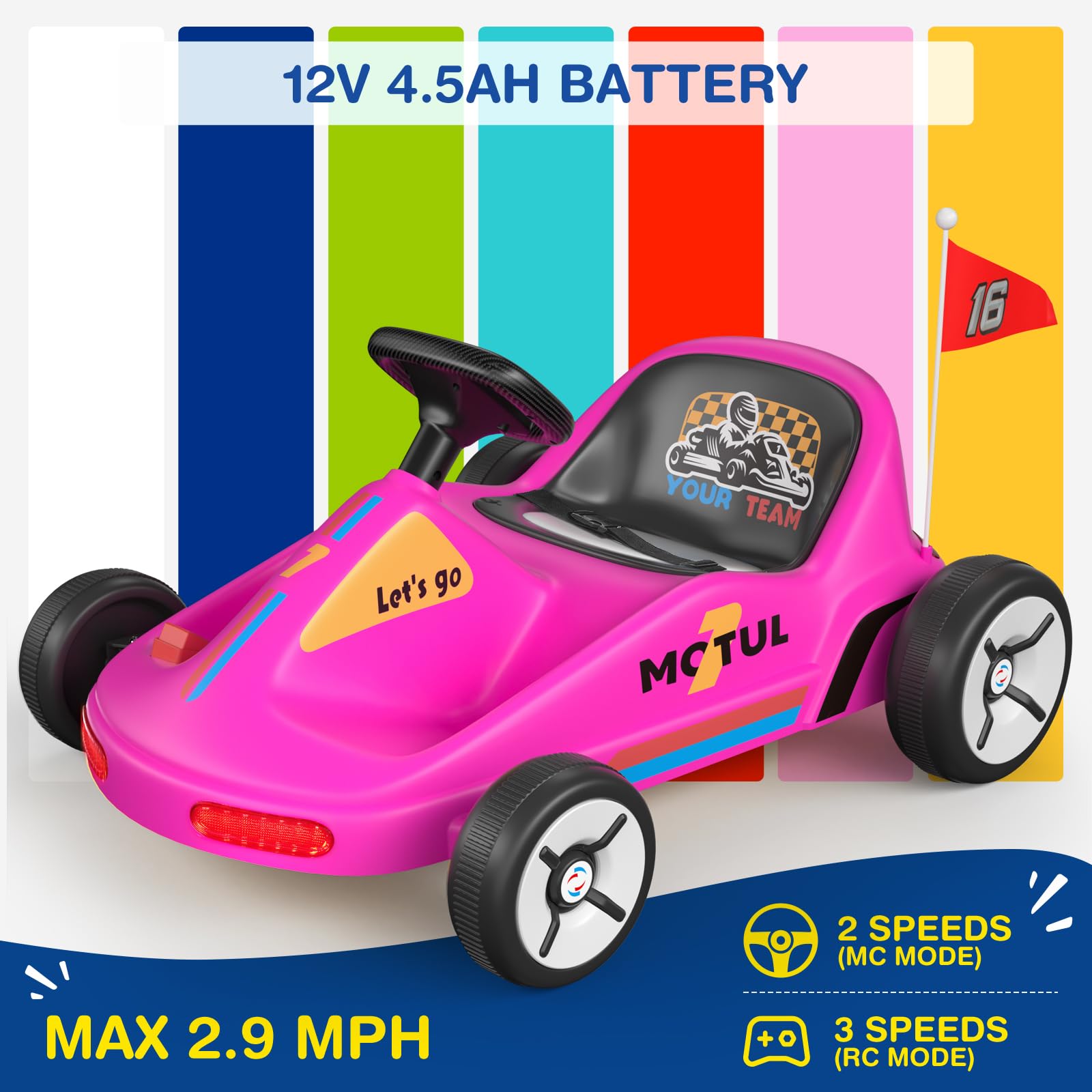 SAT ONE 12V Electric Go Kart for Kids - Quick Assembly Ride-On Car with Flashing Taillights, Bluetooth Music & Remote Control - Perfect for Outdoor Play, Birthday Gifts & First-Time Riders