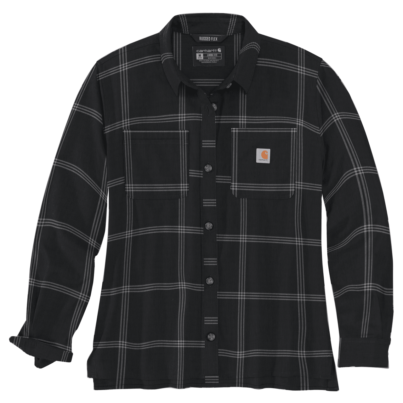 Women's Rugged Flex Loose Fit Midweight Flannel Plaid Shirt - Long Sleeve Button Down Top for Outdoor Activities & Casual Wear - Black