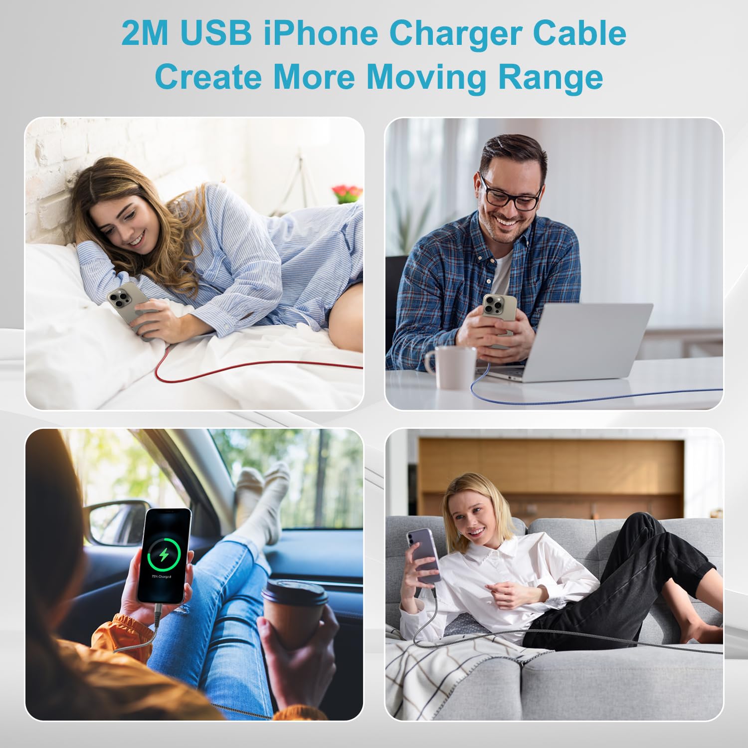 3-Pack Apple MFi Certified Lightning Cable 2M/6.6ft - Fast Charging Nylon Braided USB Cable for iPhone 14/13/12/11/XS/XR/X/8/7/6/SE/5S & iPad - Durable Long Charger Cord for Home, Office, Car & Travel