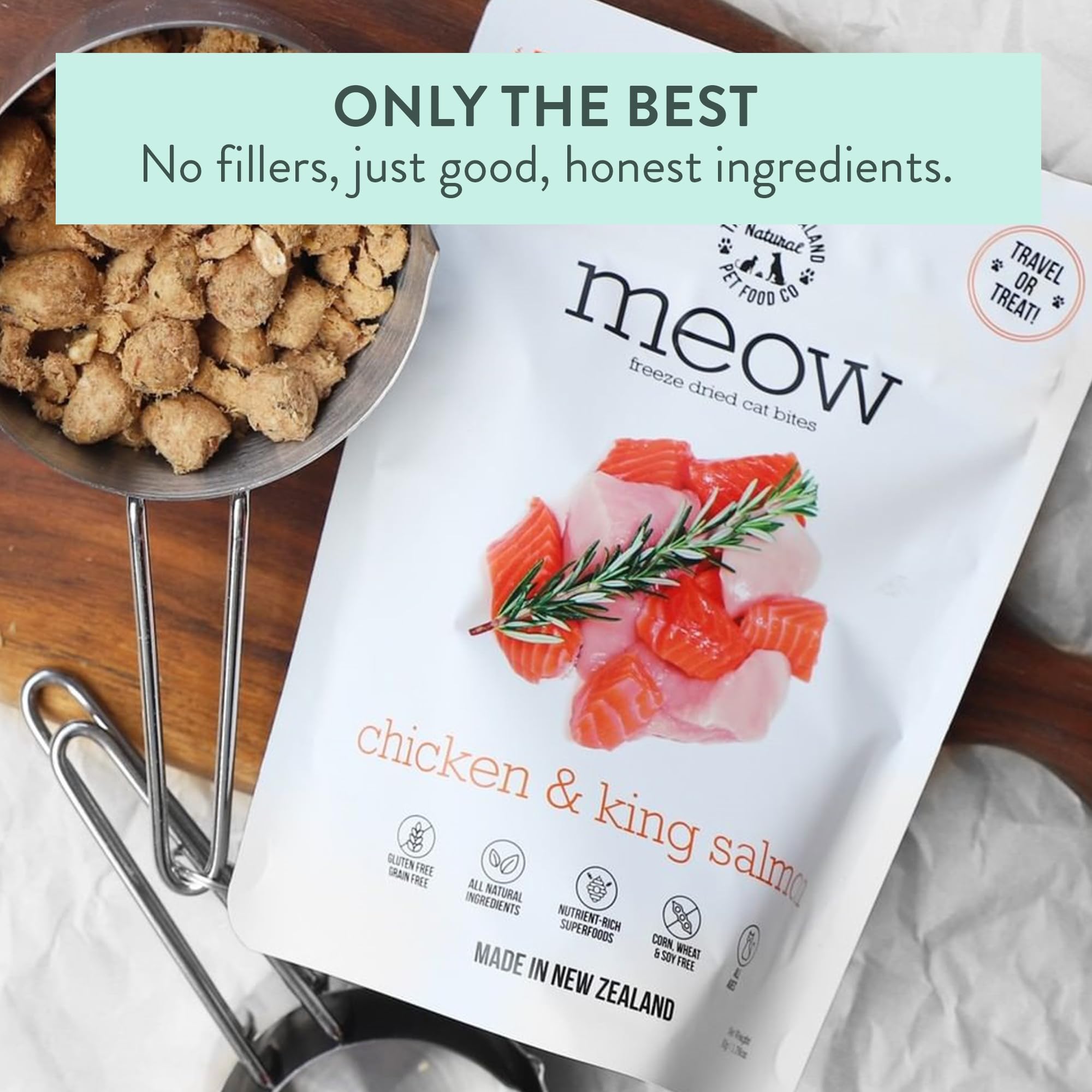 Freeze Dried Raw Cat Food - Meow Chicken & King Salmon High Protein Mixer Topper Treat - Natural Limited Ingredient Recipe 1.76 oz - Perfect for Picky Eaters & Sensitive Stomachs