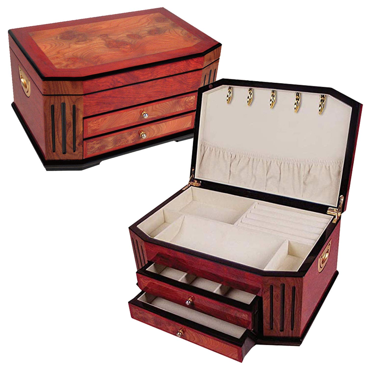 Elegant Polished Wood Jewelry Box with 2 Drawers & Gold Finish Handles - Perfect for Organizing Necklaces, Rings & Earrings - Great Gift for Women & Jewelry Storage Solution