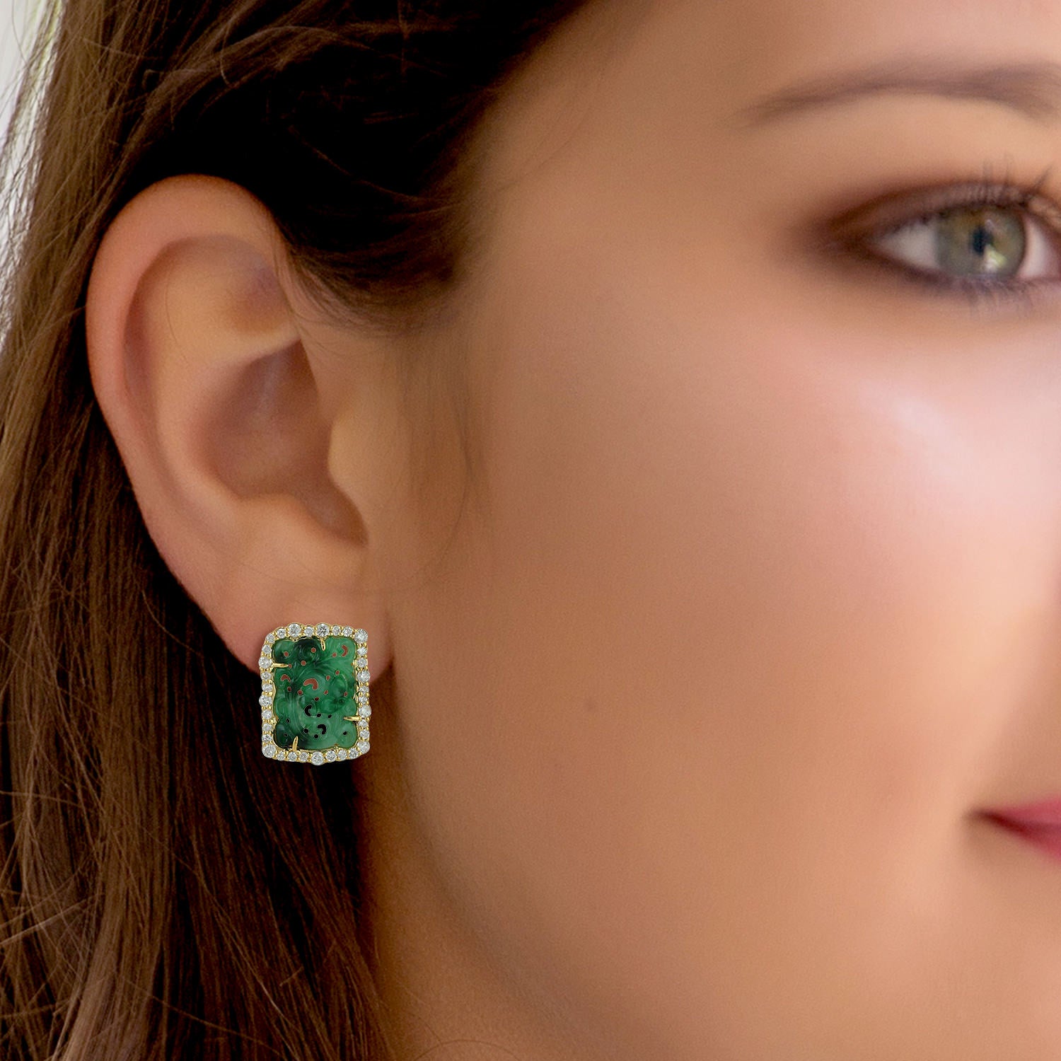 Hand Carved Jade Pave Diamond Designer Stud Earrings in 18k Yellow Gold - Luxury Jewelry for Women, Perfect for Weddings, Parties & Special Occasions