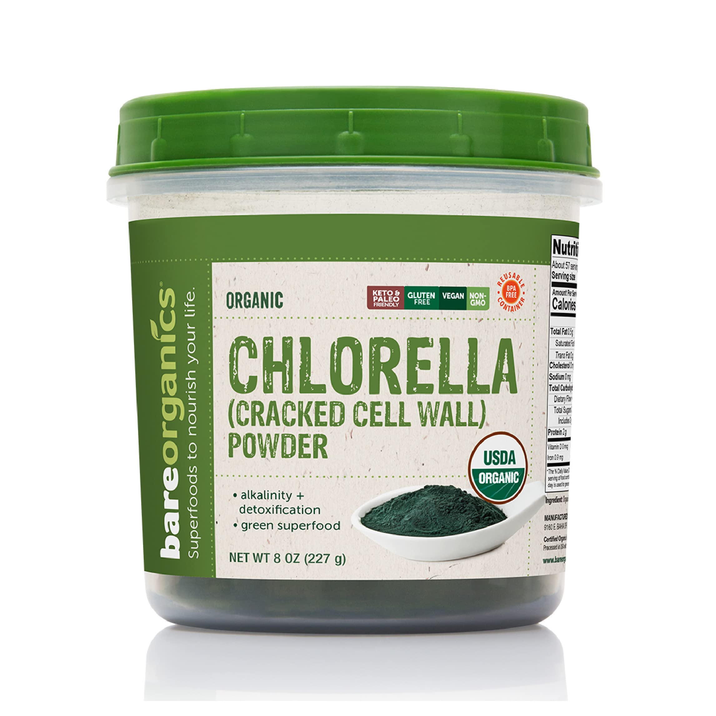 Bare Organics 12522 USDA Organic Chlorella Powder - Premium Superfood Supplement for Detox & Immunity Boost (8oz) - Perfect for Smoothies, Juices & Healthy Recipes
