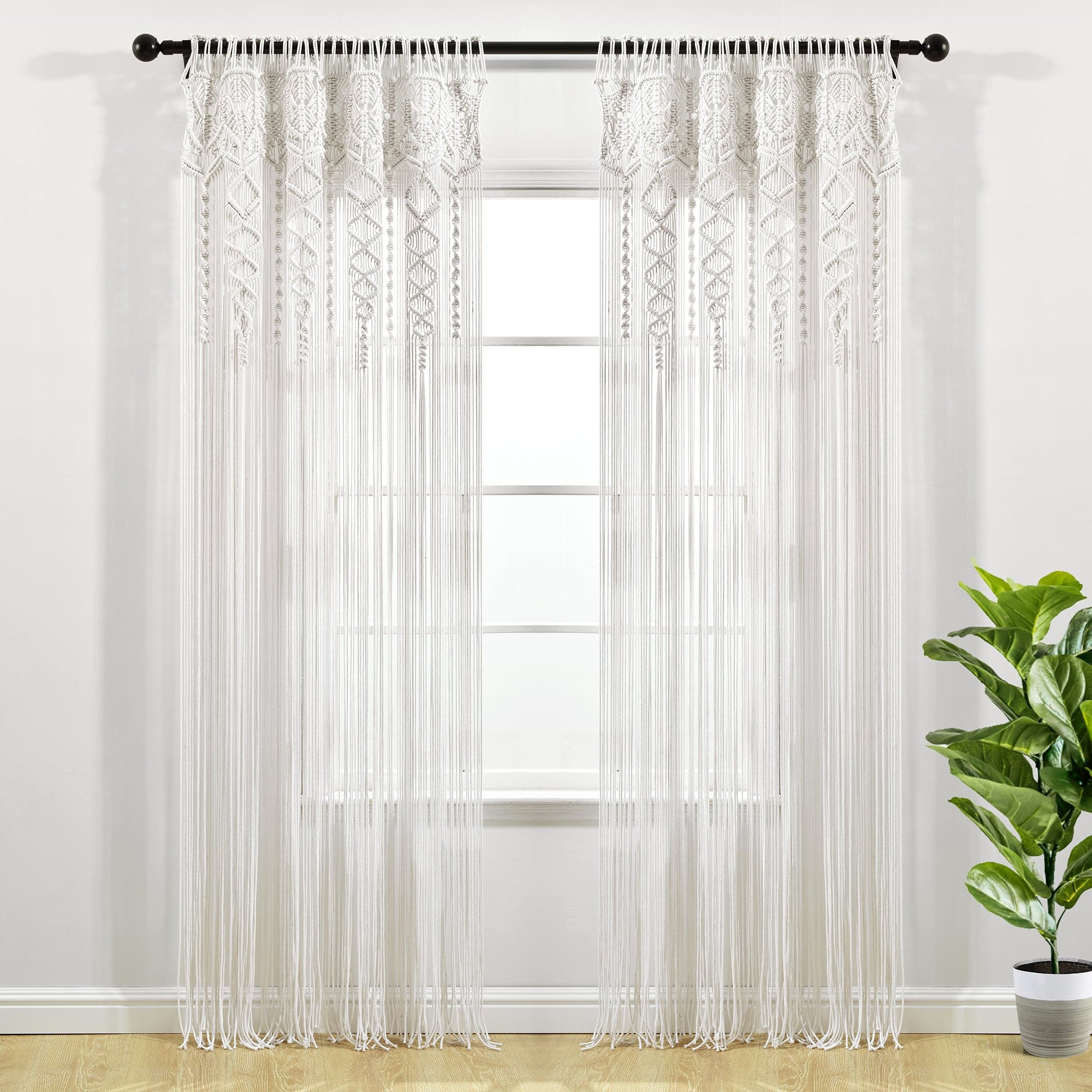 Boho Macrame Textured Cotton Window Curtains for Living Room & Bedroom - Handmade Bohemian Sheer Drapes with Tassel Trim, Light Filtering Window Treatments for Home Decor