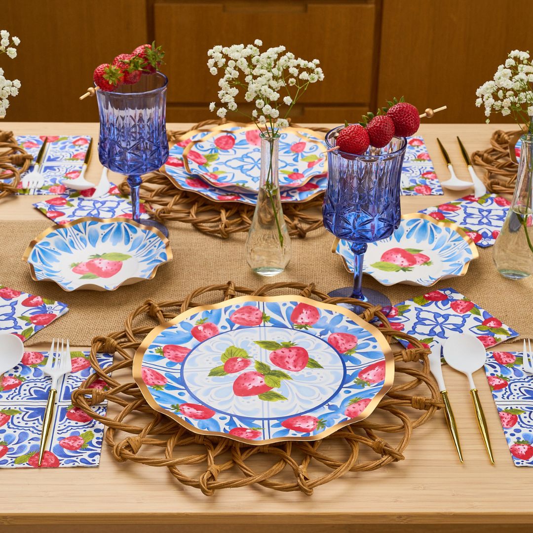 Blue Strawberries Wavy Dinner Plates - Set of 8 | Elegant Tableware for Dining, Parties & Home Decor