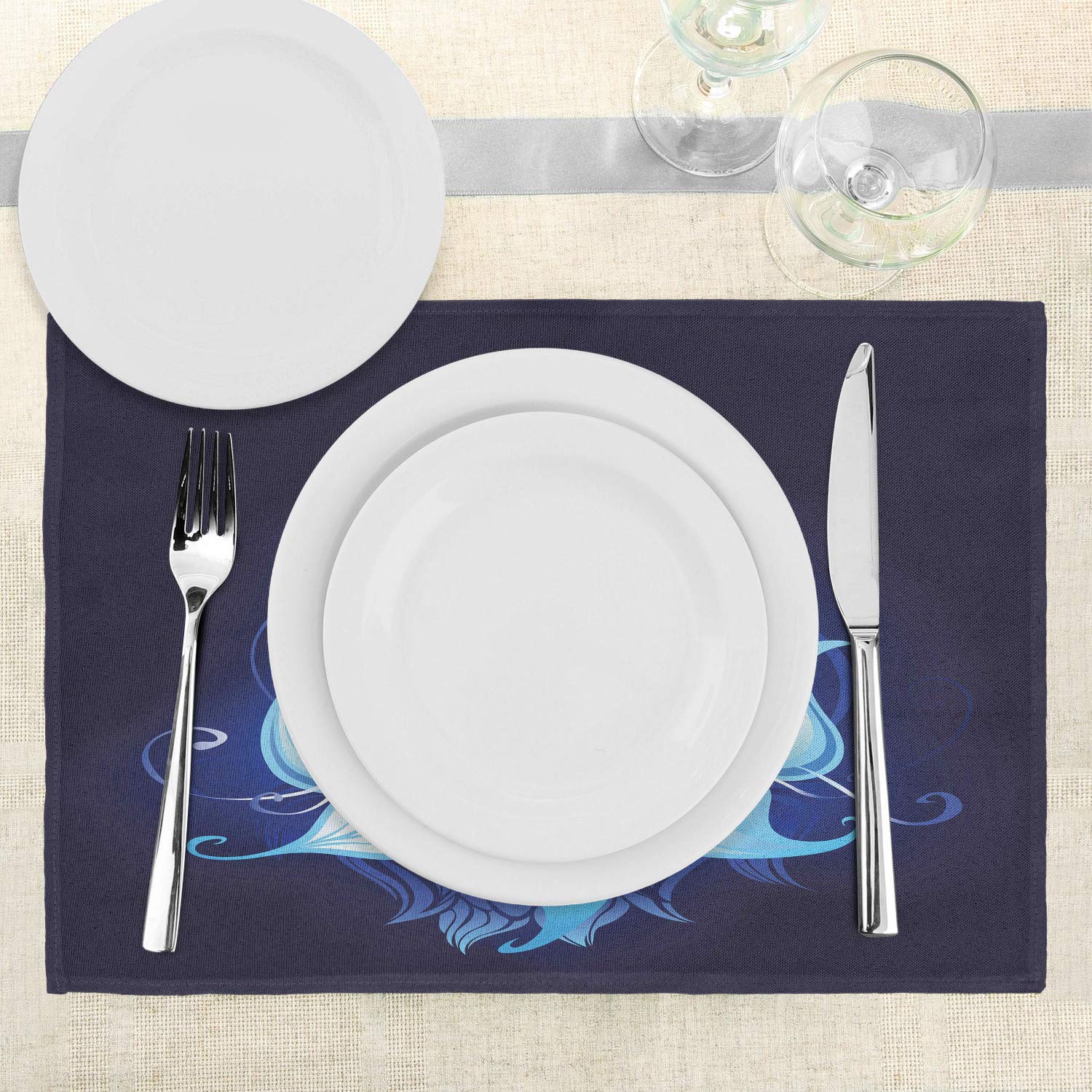Ambesonne Floral Place Mats Set of 4 - Lotus with Dew Drops on Dark Water Background, Washable Fabric Table Mats for Dining Room & Kitchen Decor in Indigo Sky Blue - Perfect for Yoga Meditation Spaces, Boho Home Decor, and Elegant Dinner Parties