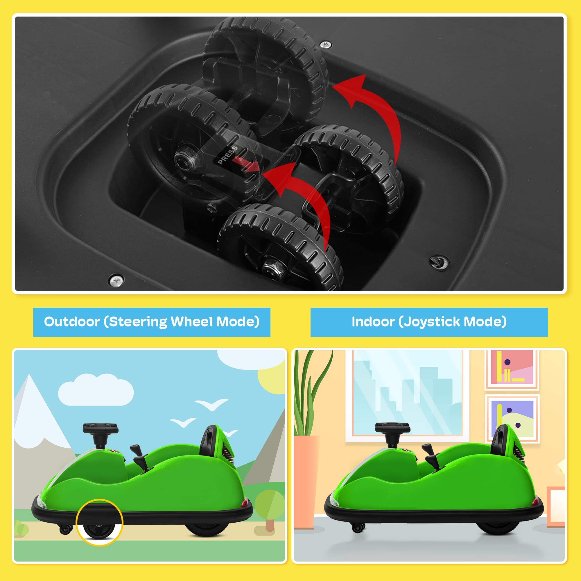 Kidzone 12V Ride On Bumper Car for Kids 1.5-6 Years - 2 Driving Modes (Steering Wheel & Joystick), 360° Spin, LED Lights & Remote Control - Perfect for Indoor/Outdoor Play, Birthday Gifts & Toddler Entertainment