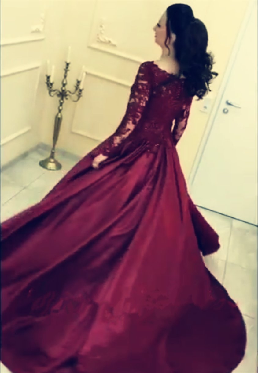 Elegant Burgundy Satin Ball Gown Wedding Dress with Lace Long Sleeves - Perfect for Bridal Ceremonies, Formal Events & Evening Galas