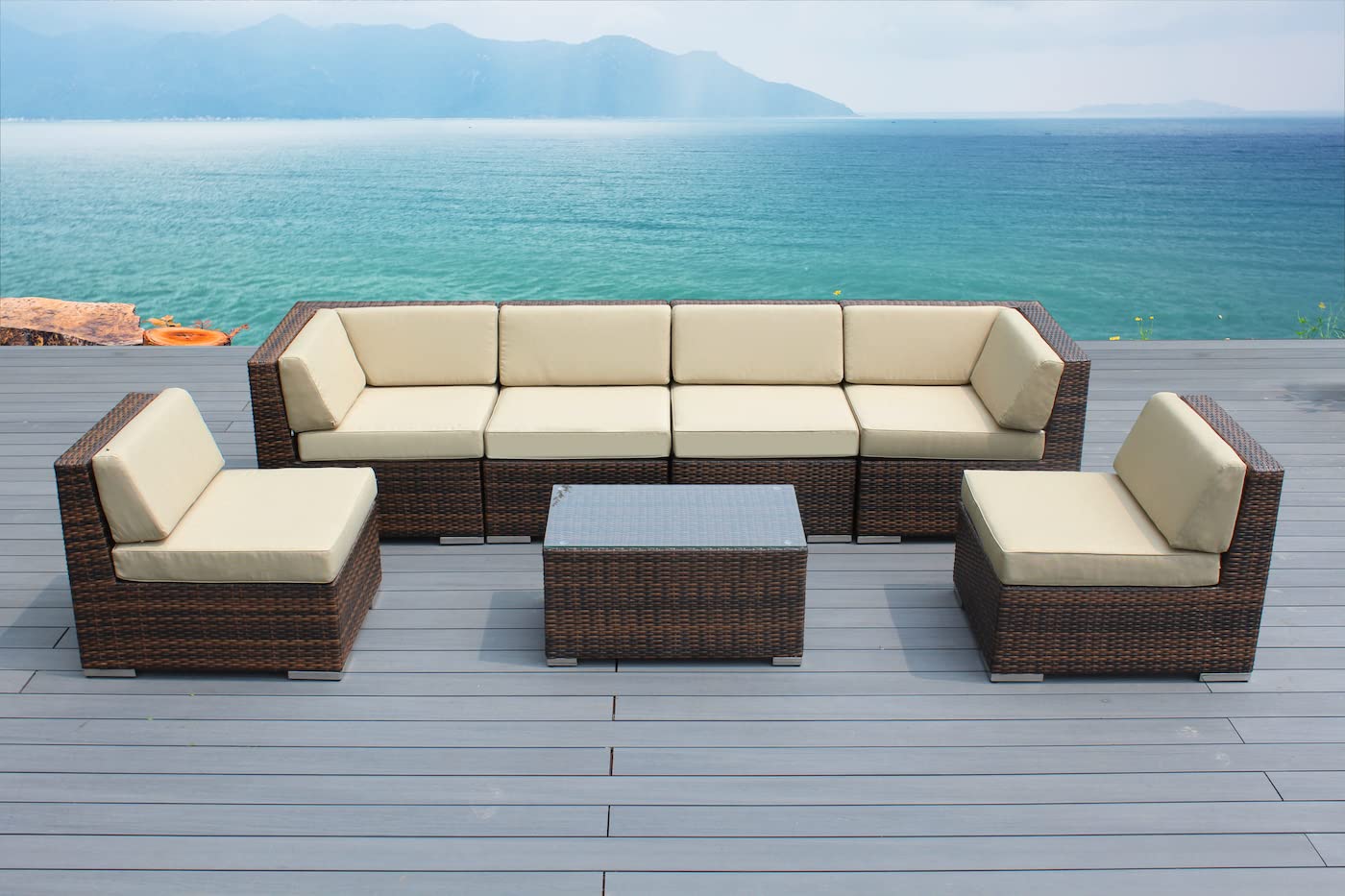 Ohana 7-Piece Outdoor Patio Furniture Sectional Conversation Set - Mixed Brown Wicker with Beige Cushions, No Assembly Required with Free Patio Cover - Perfect for Backyard, Garden, Poolside & Patio Relaxation