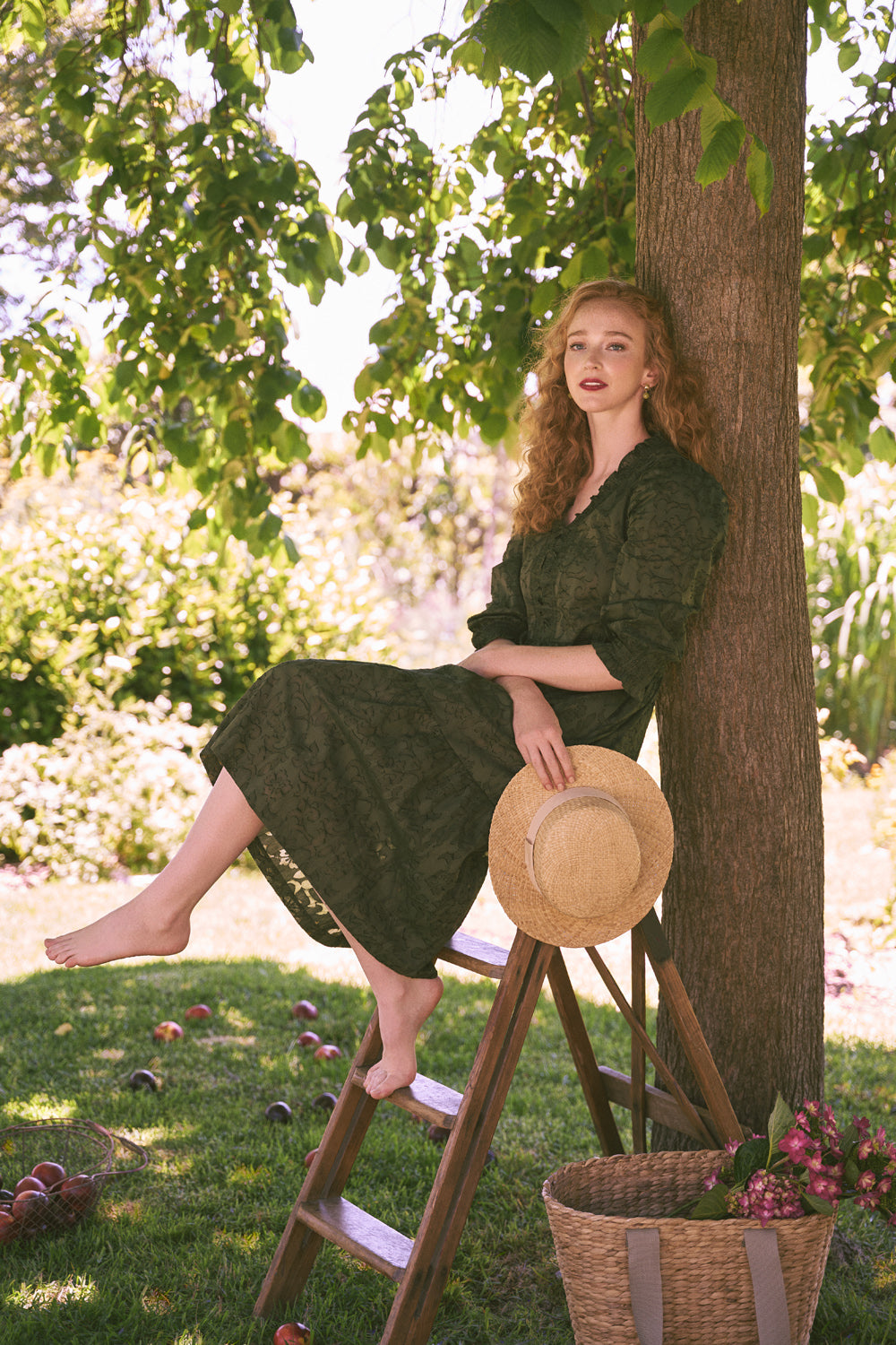 Elegant Cotton Jacquard Tiered Dress in Deep Olive - Perfect for Casual Outings, Parties & Special Occasions