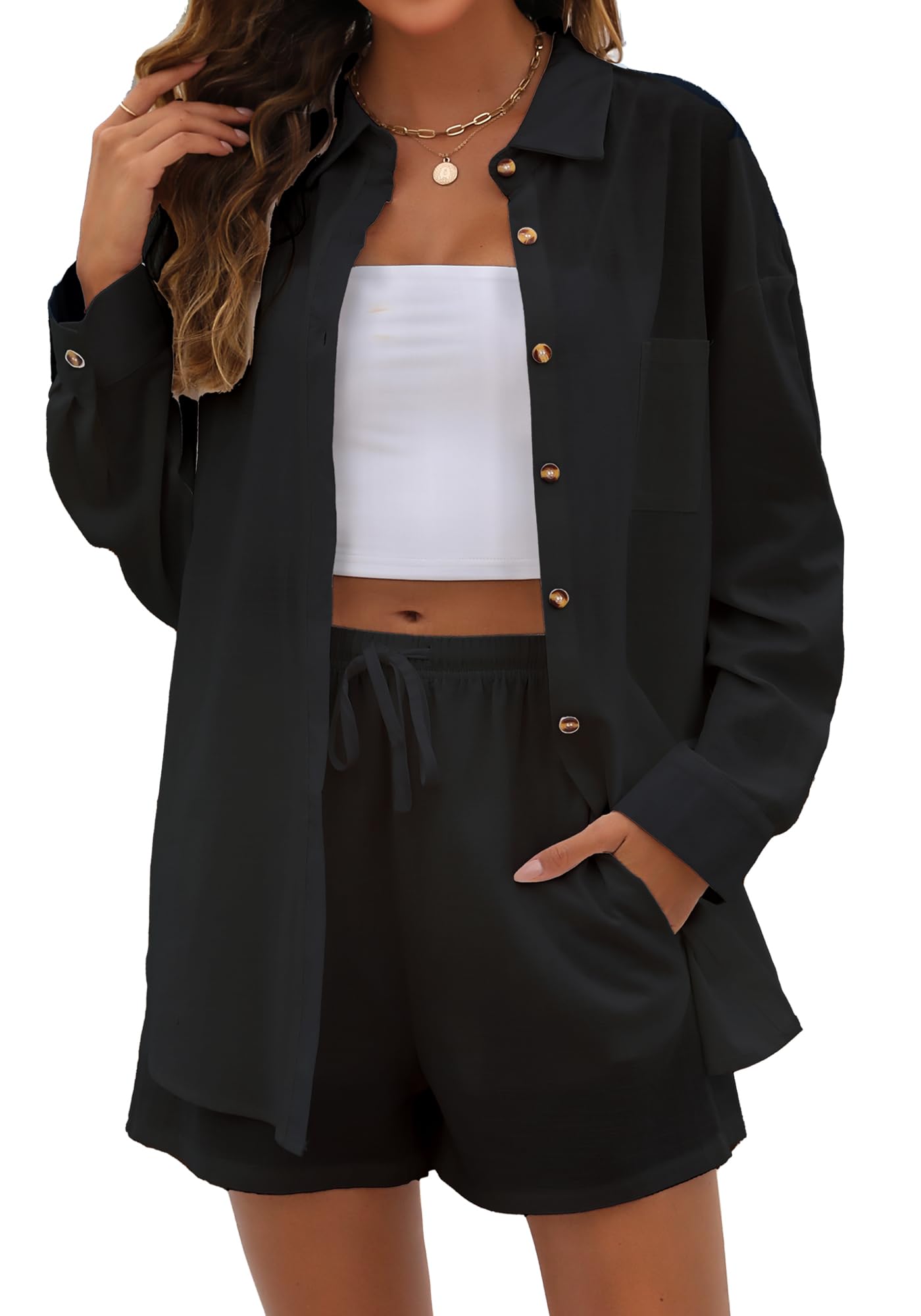 Namifin Women's 2-Piece Linen Lounge Set - Button Down Shirt & High Waisted Shorts - Casual Tracksuit for Summer, Beach, Travel & Home Wear