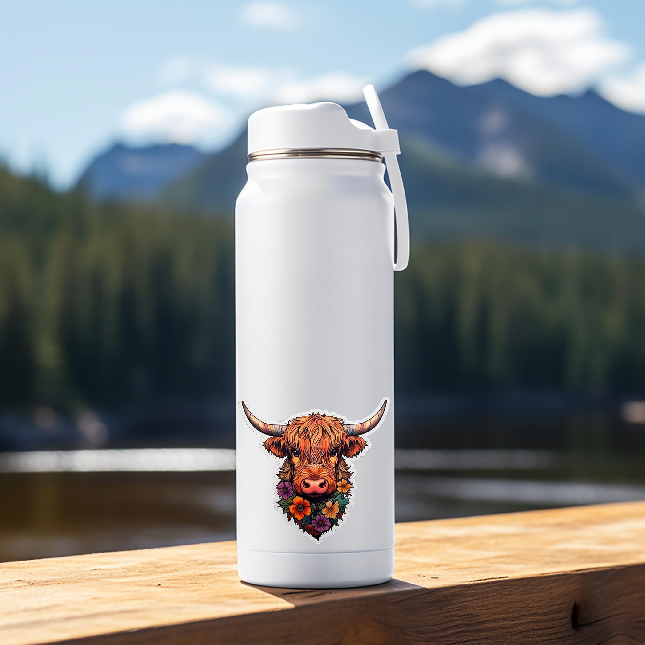 Floral Highland Cow Vinyl Decal - 5 Inch Waterproof Sticker for Laptops, Tablets, Water Bottles, Cars | Cute Aesthetic Decoration for Home, Office, School, Travel Accessories