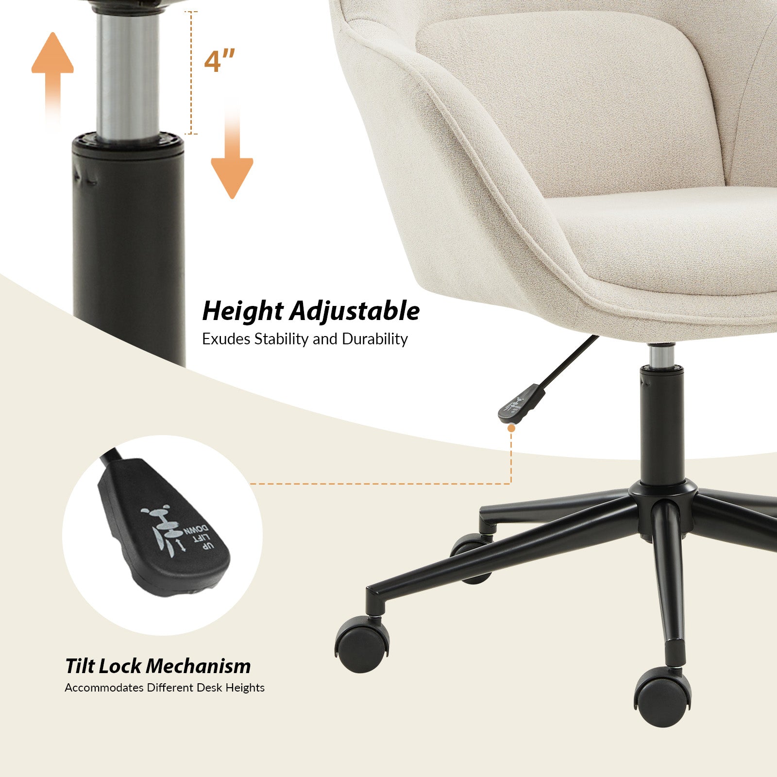 Modern Adjustable Height Cozy Office Chair for Home & Work - Ergonomic Desk Chair with Lumbar Support for Long Hours Sitting - Perfect for Home Office, Gaming, and Study