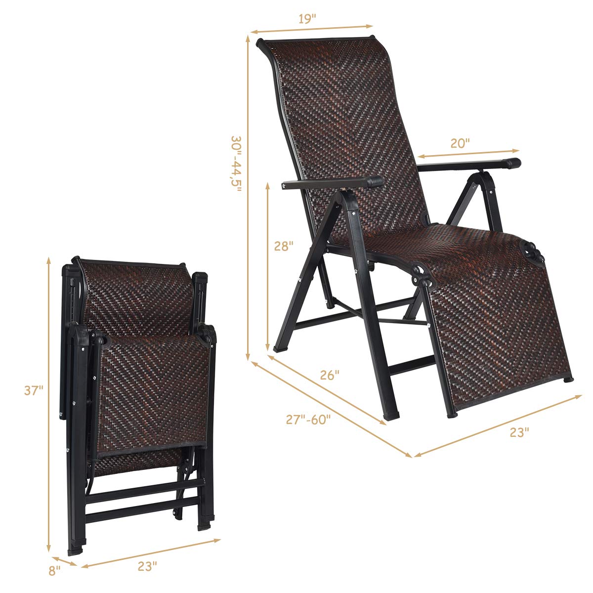 Tangkula 2-Pack Foldable Rattan Recliner Chairs - Adjustable Outdoor Lounge Chairs with Wide Armrests & Sturdy Steel Frame - Perfect for Patio, Garden, Beach, Poolside Relaxation & Backyard Lounging