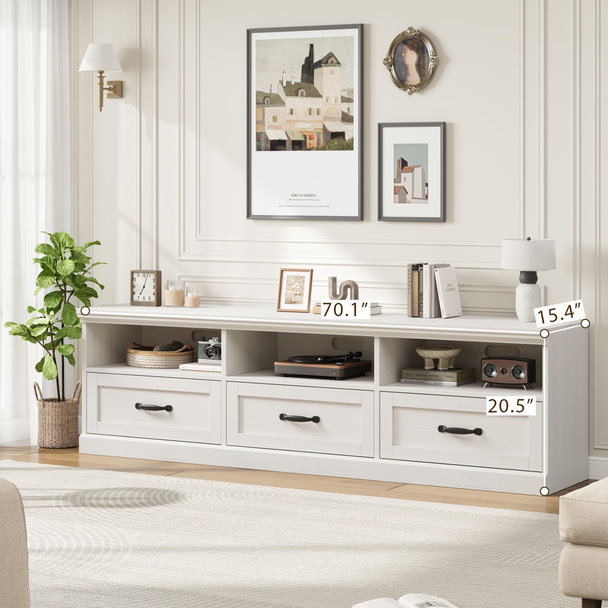 Mid-Century Modern TV Stand for 75 Inch TV - Wood Entertainment Center with Storage Drawer & Open Shelves - 70