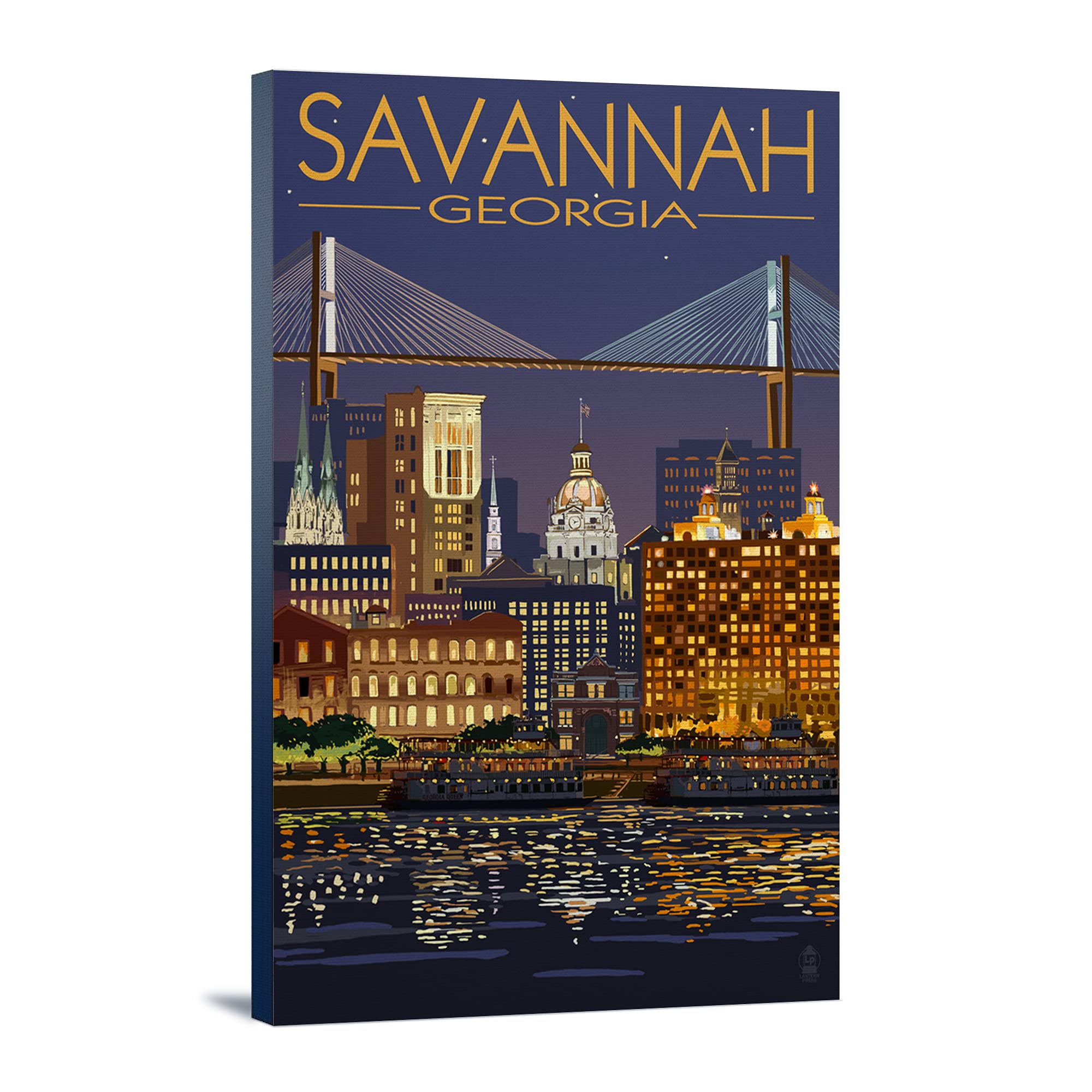 Lantern Press Savannah Georgia at Night - 16x24 Wrapped Canvas Wall Art for Living Room, Bedroom & Office Decor | Georgia Landscape Painting, Southern Cityscape Artwork