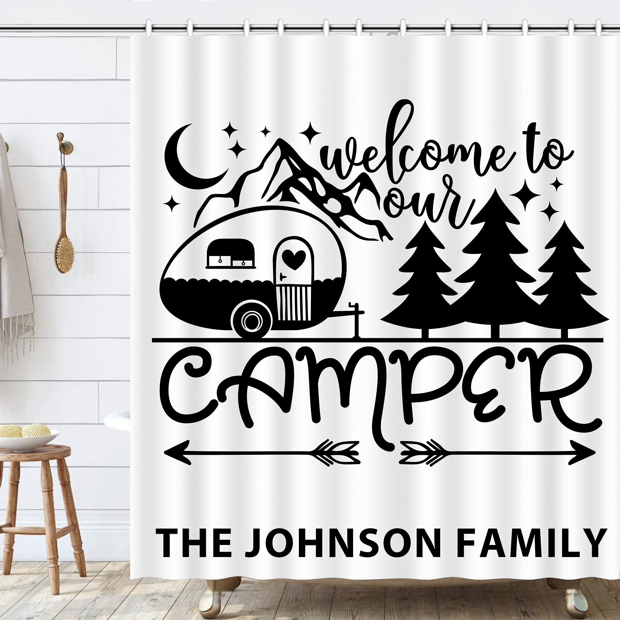 Custom RV Shower Curtain with Name - Happy Camper Decor for Travel Trailers & Camping Fun