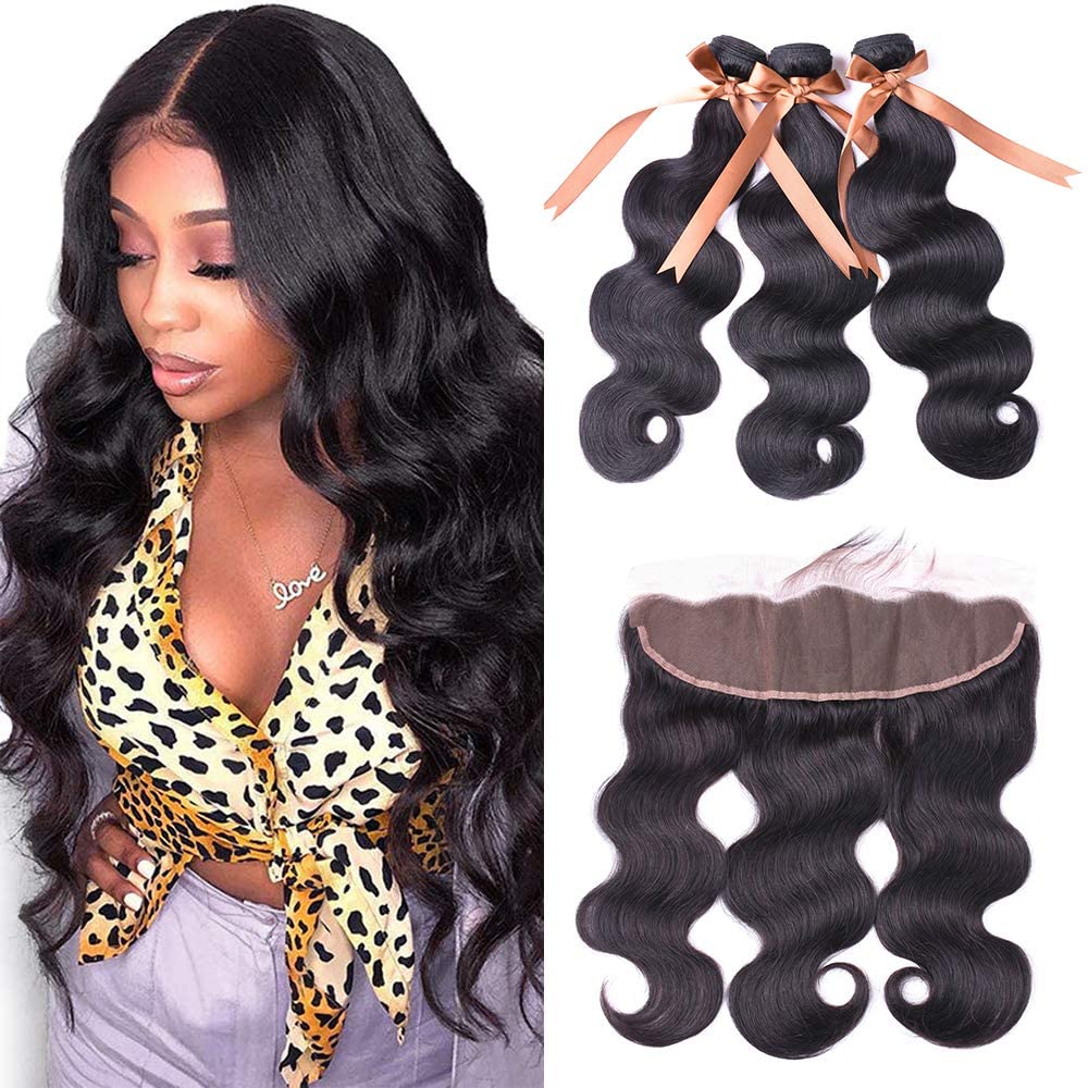 ALLRUN 100% Unprocessed Virgin Human Hair Extensions - Body Wave Bundles with Lace Frontal (16