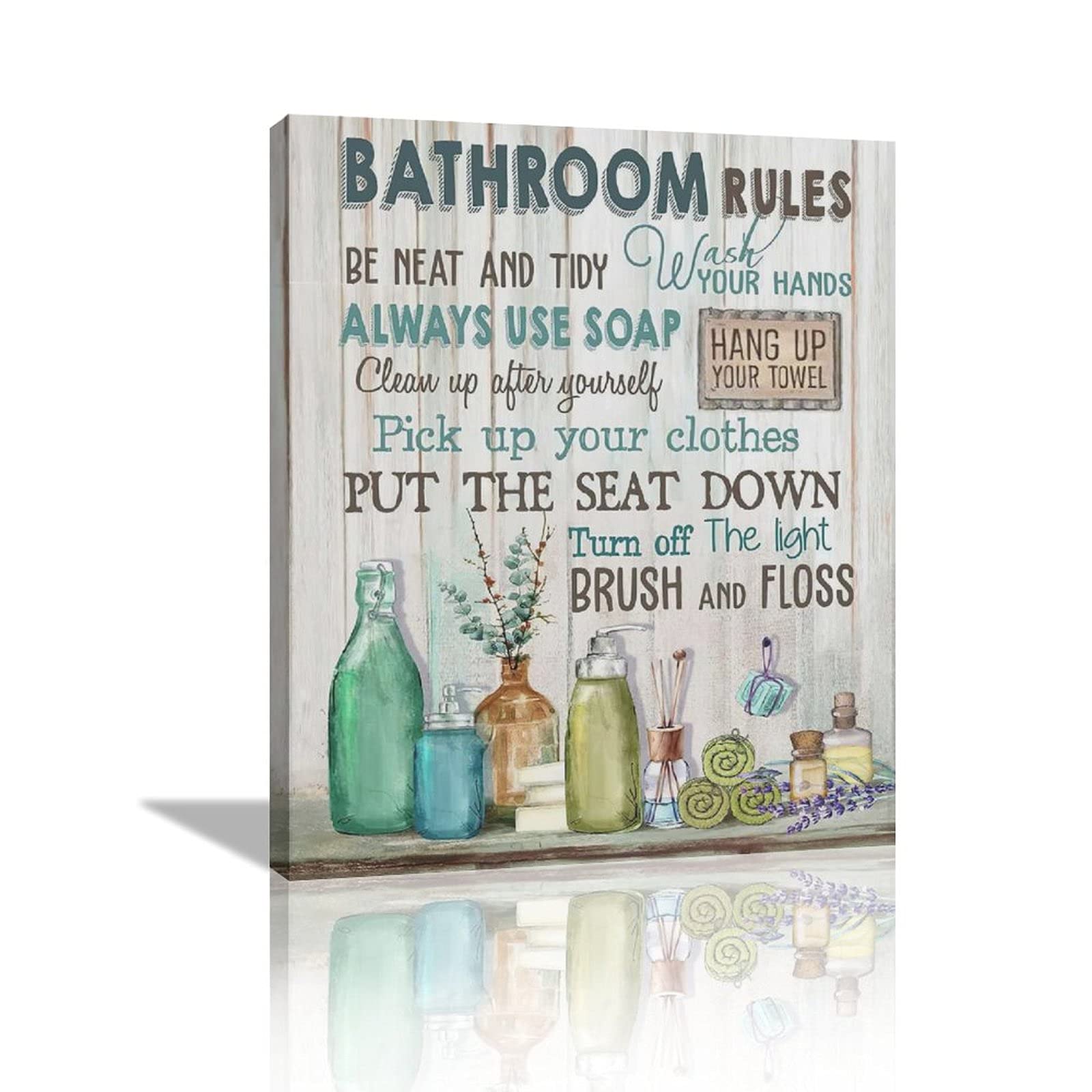 Rustic Bathroom Wall Art Decor - Framed Canvas Prints with Wood Background for Modern Farmhouse, Bath & Laundry Room | Bathroom Rules Signs & Pictures for Home Decoration | Perfect for Spa-Like Retreats & Cozy Farmhouse Style