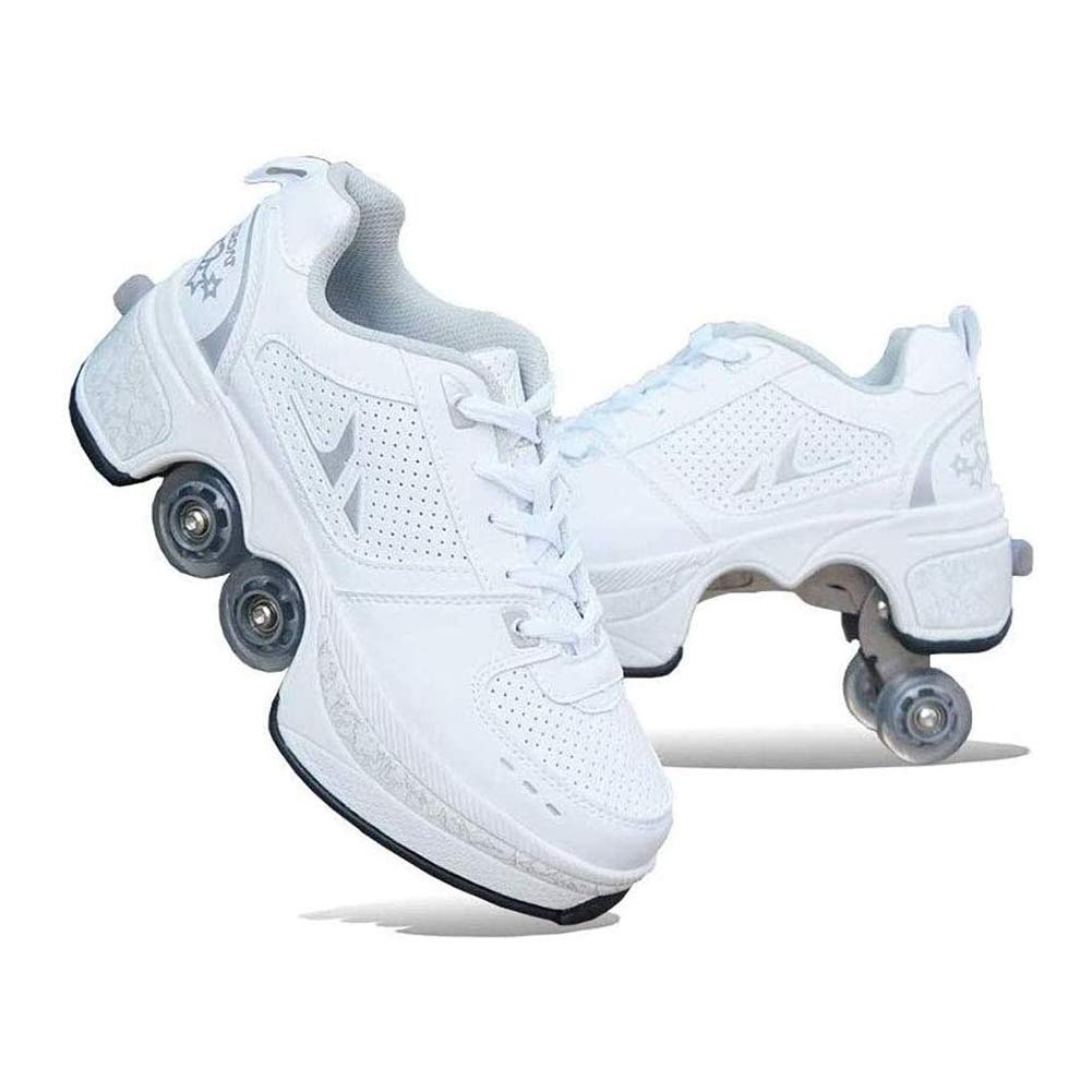 2 in 1 Roller Skates Shoes for Adults & Kids - Convertible Double-Row Wheel Skating Shoes with Invisible Pulley - Automatic Walking Shoes for Indoor & Outdoor Fun, Sports, and Commuting