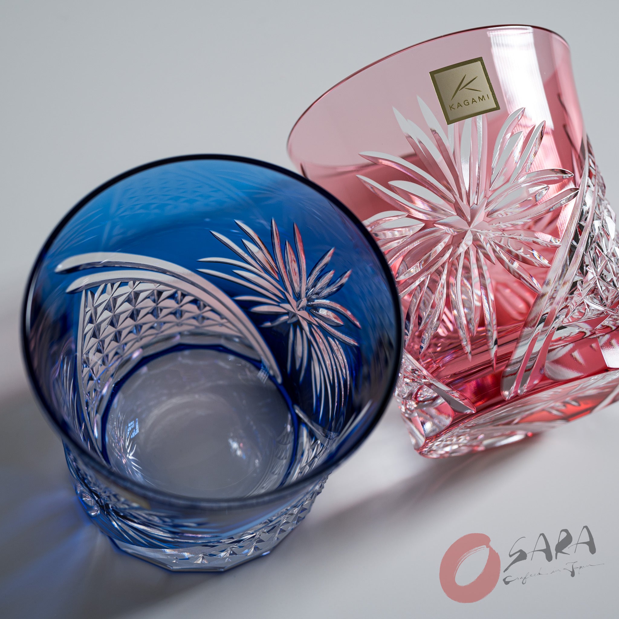 KAGAMI Handcrafted Edo Kiriko Crystal Sake Glasses Set of 2 - Traditional Japanese Cut Glass with Chrysanthemum Pattern - Perfect for Sake Tasting, Japanese Dining & Luxury Gift Giving