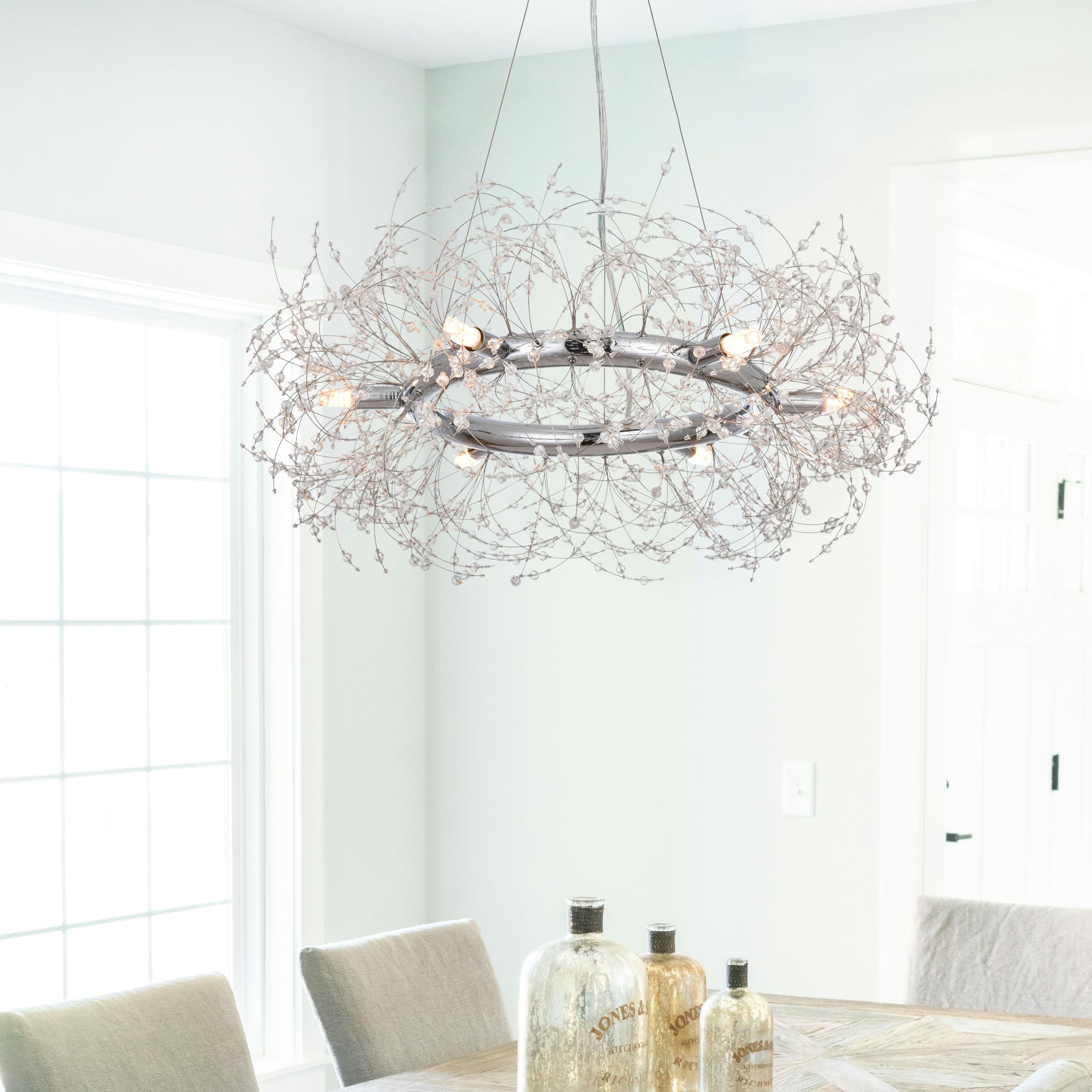 Modern Silver Crystal Firework Chandelier - Large Round Chrome Dining Room Ceiling Light Fixture for Bedroom, Living Room, Entryway | Elegant Lighting for Home Decor, Wedding & Restaurant Ambiance