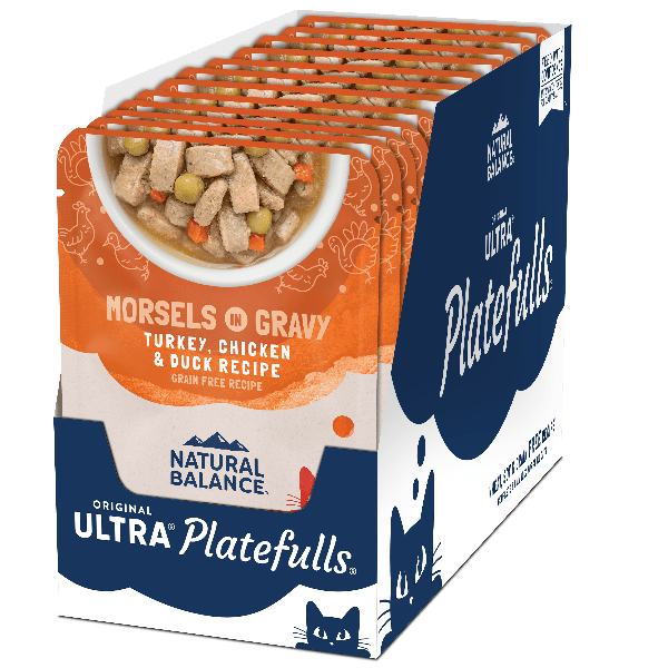 Natural Balance Platefulls Turkey, Chicken & Duck Recipe Morsels in Gravy - Grain-Free Wet Cat Food Pouches for Adult Cats - Perfect for Mealtime, Travel & Picky Eaters