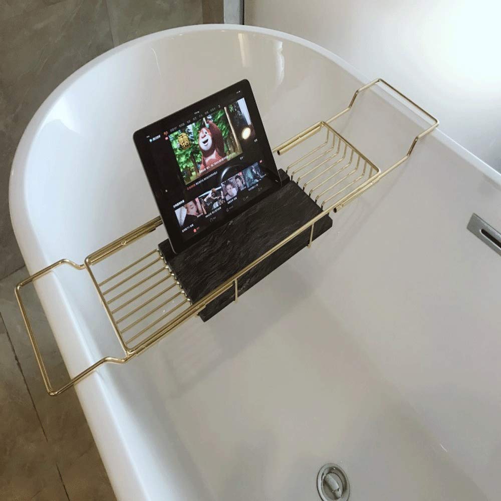 Premium Stainless Steel & Marble Bathtub Caddy Tray - Adjustable Shower Organizer with Extendable Sides (27.75-38.97 Inches), Phone & Wine Glass Holder, Gold-Plated Finish - Perfect for Relaxing Baths, Spa Days & Luxury Bathroom Decor